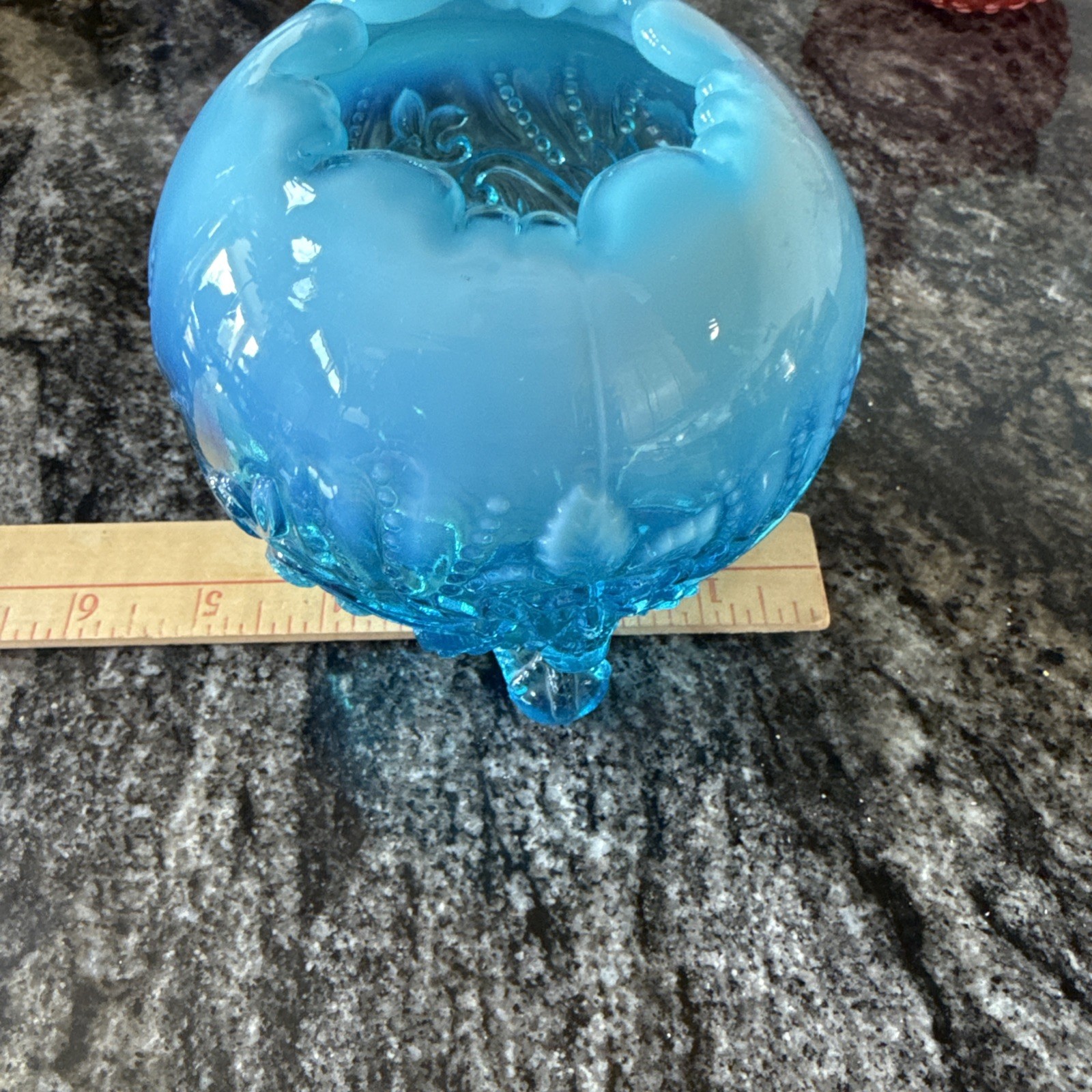 Vintage English Sowerby Blue Opal Piasa Bird Opalescent Glass Rose Bowl