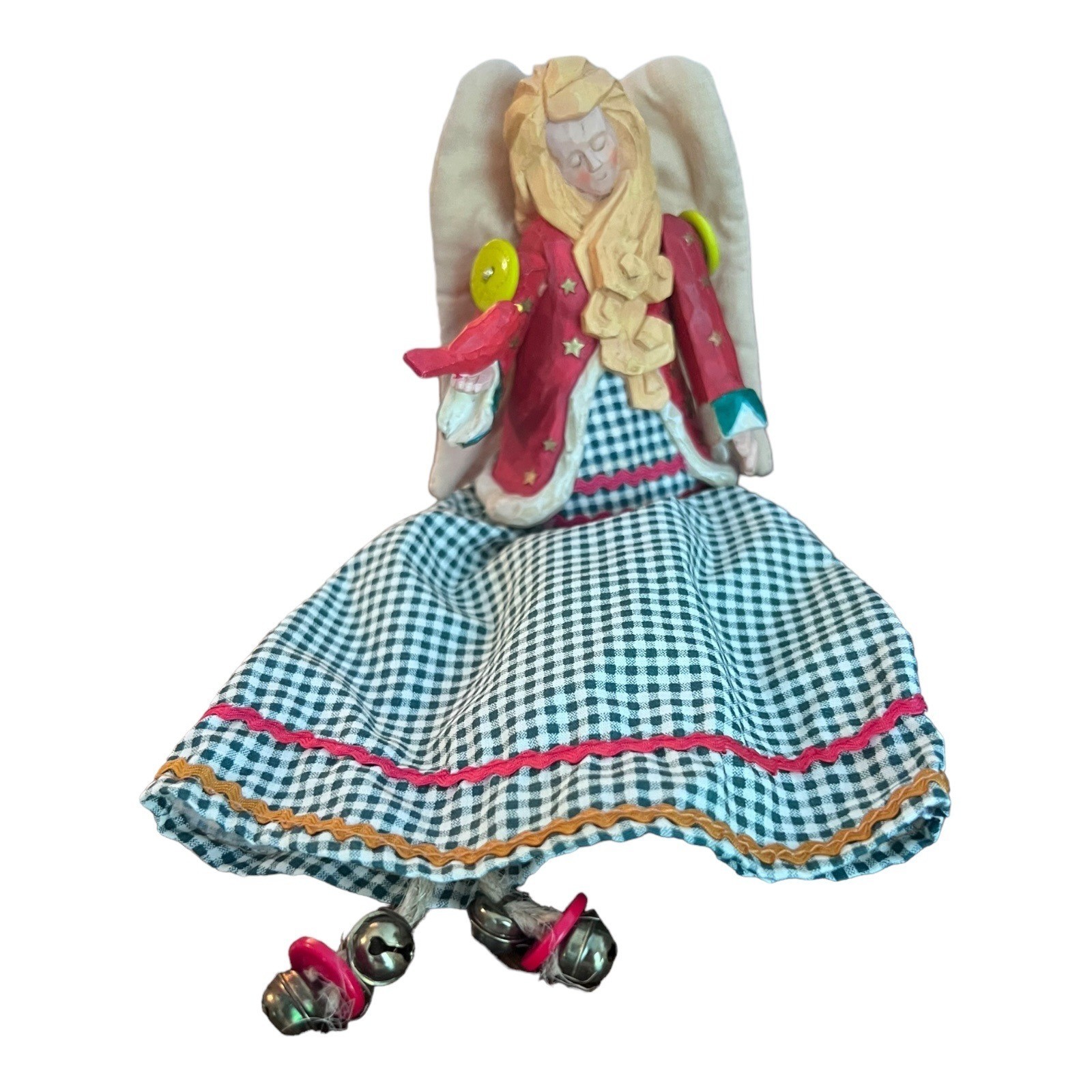 Russ Shelf Sitter Angel Figurine 11″ Resin & Fabric With Movable Arms Farm Style