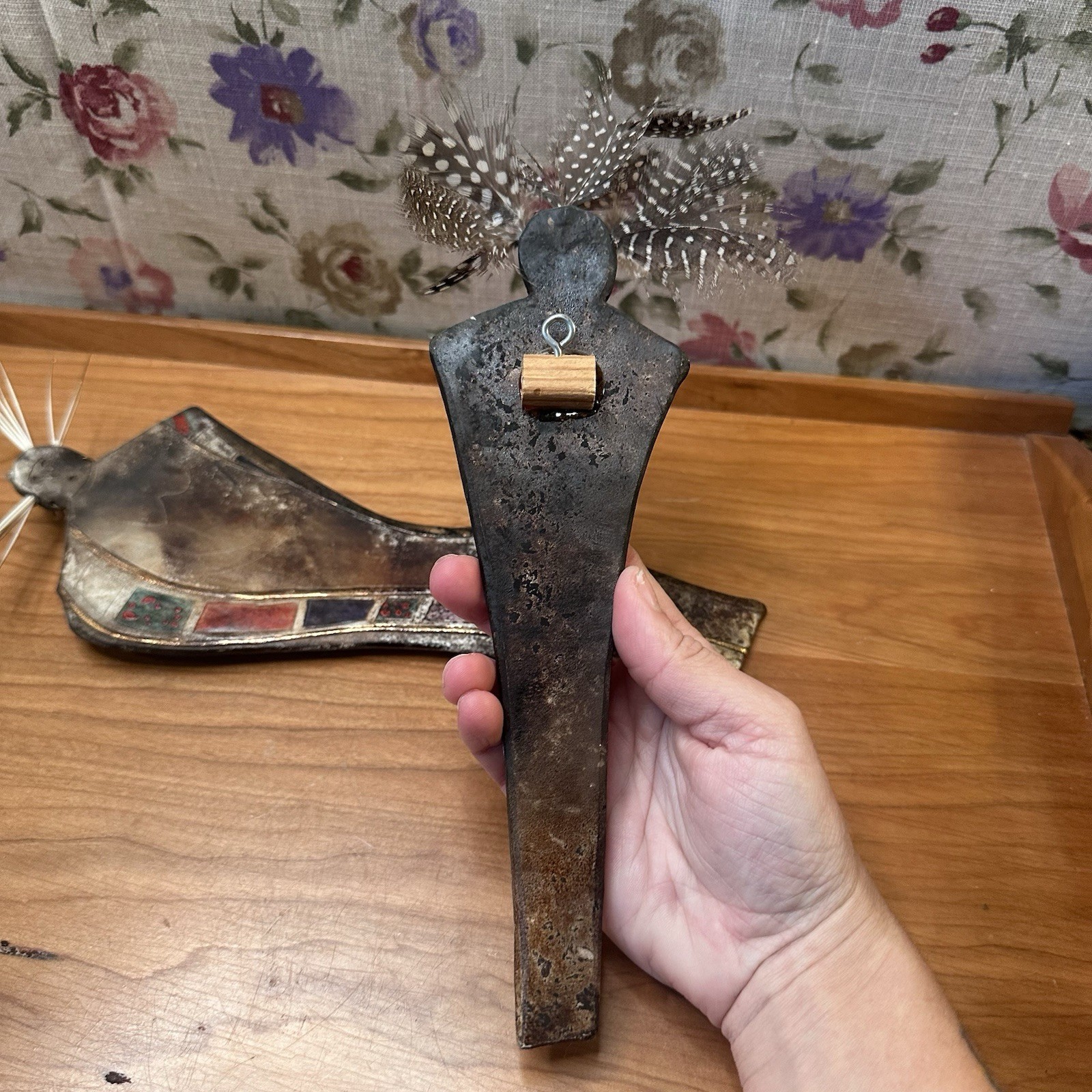 RARE Antique Handmade Metal Like Spirit Figures Feathers Porcupine Native Carvin