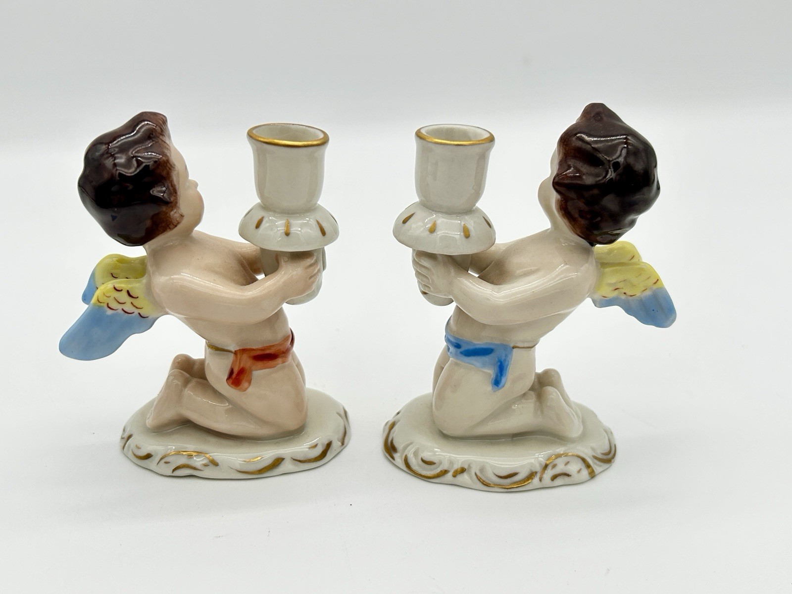 Antique German Dresdner Art Porcelain Candle Holder Pair Cherub Figurine
