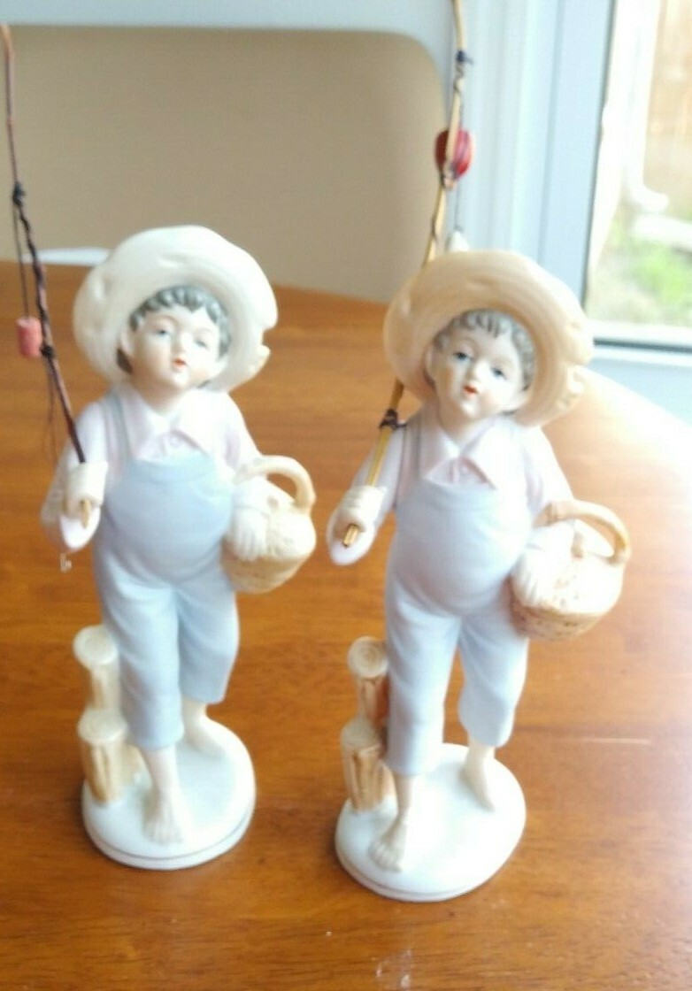 2 UCAGO FISHING BOYS ORIGINAL POLES VINTAGE JAPAN BISQUE HAND PAINTED EX COND