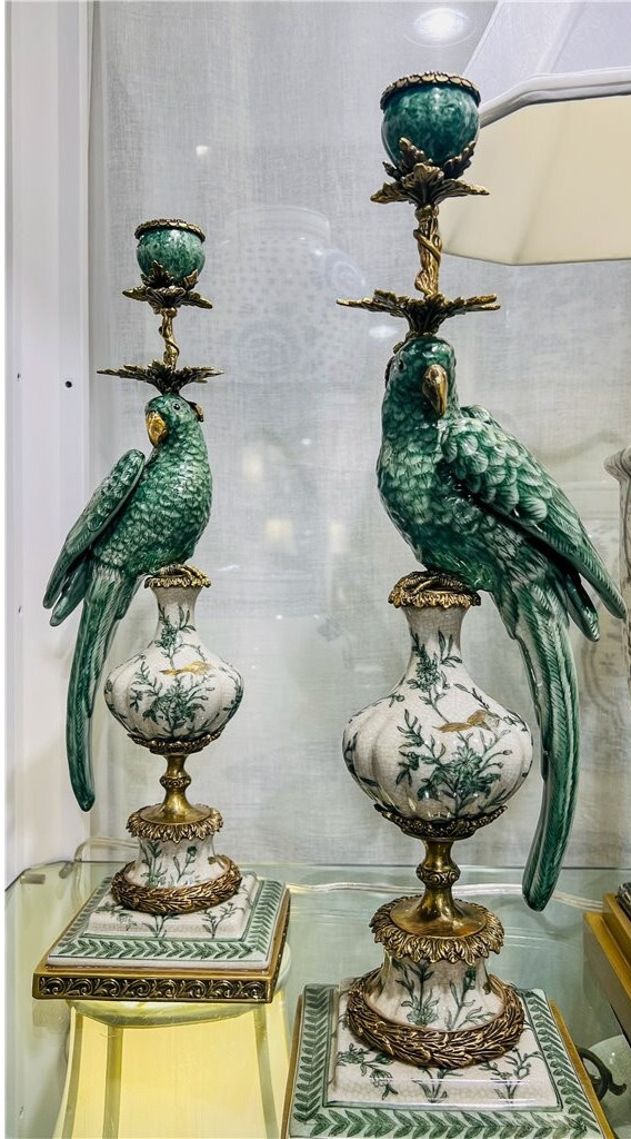 Antique Style Green Parrot Porcelain & Bronze Candlesticks-Candle Holders Pair