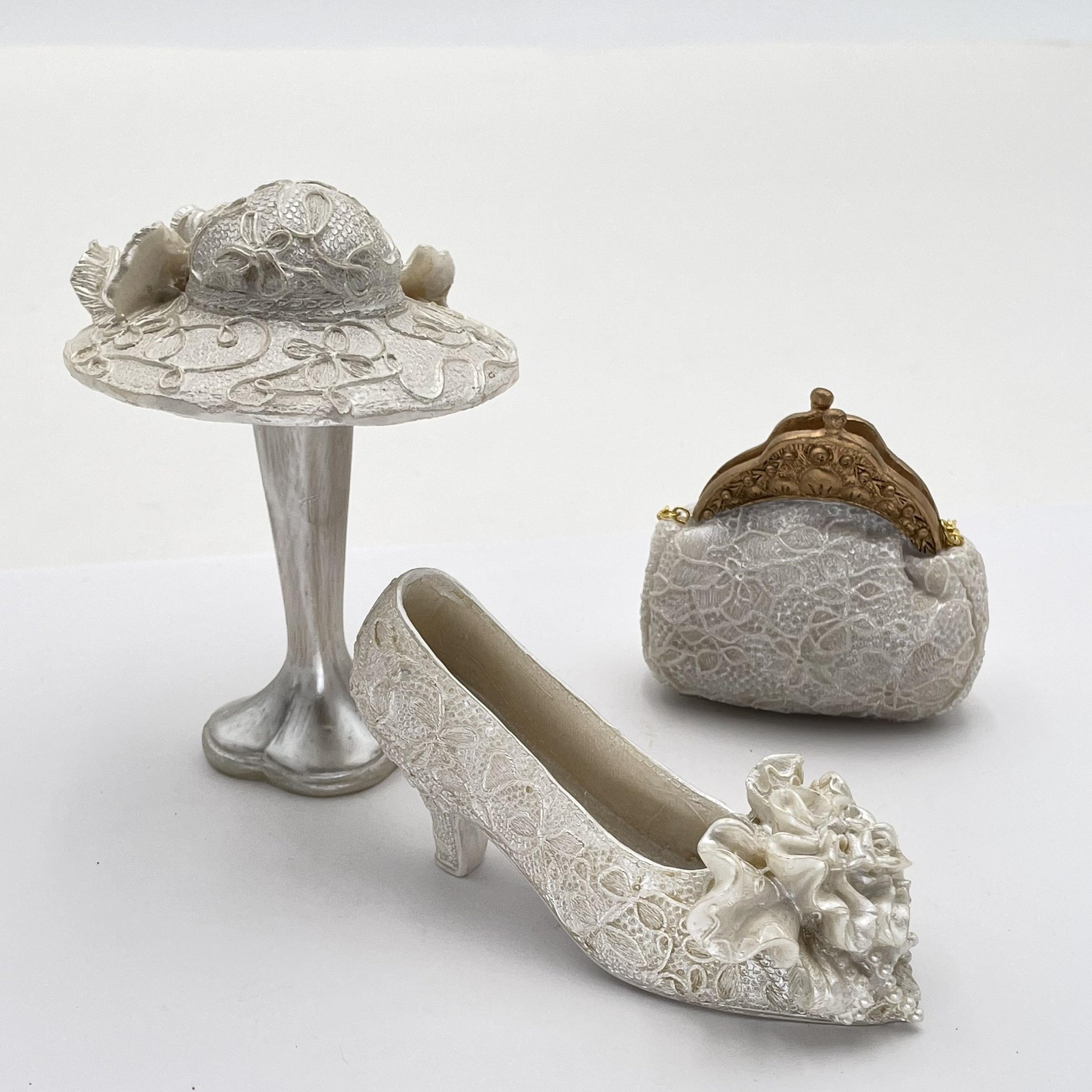 Wedding Lace Shoe Purse Hat Figurine 3 Piece White Resin Bridal Decor Set Gift