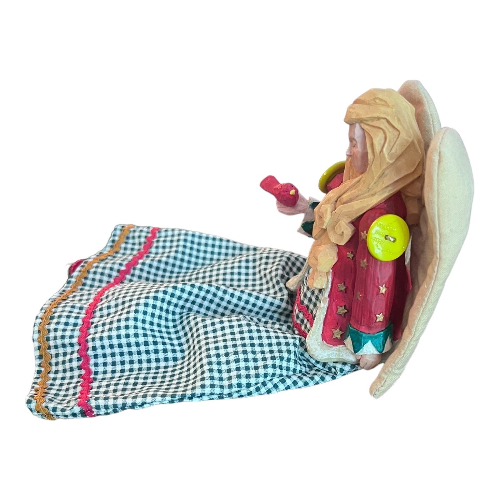 Russ Shelf Sitter Angel Figurine 11″ Resin & Fabric With Movable Arms Farm Style