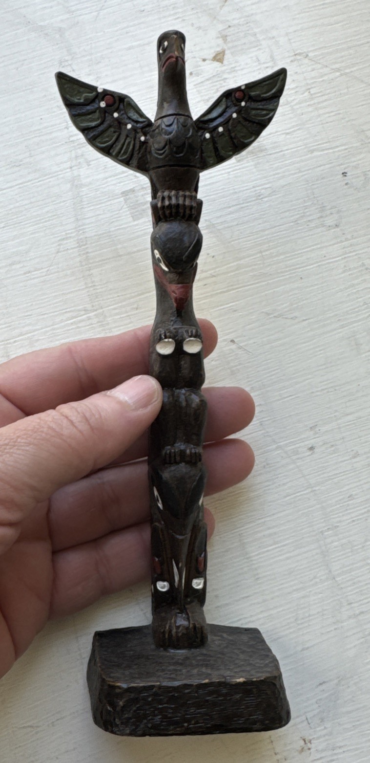Vintage BOMA Hand Painted Wood Totem Bird Figure Canada Carved Folk Art