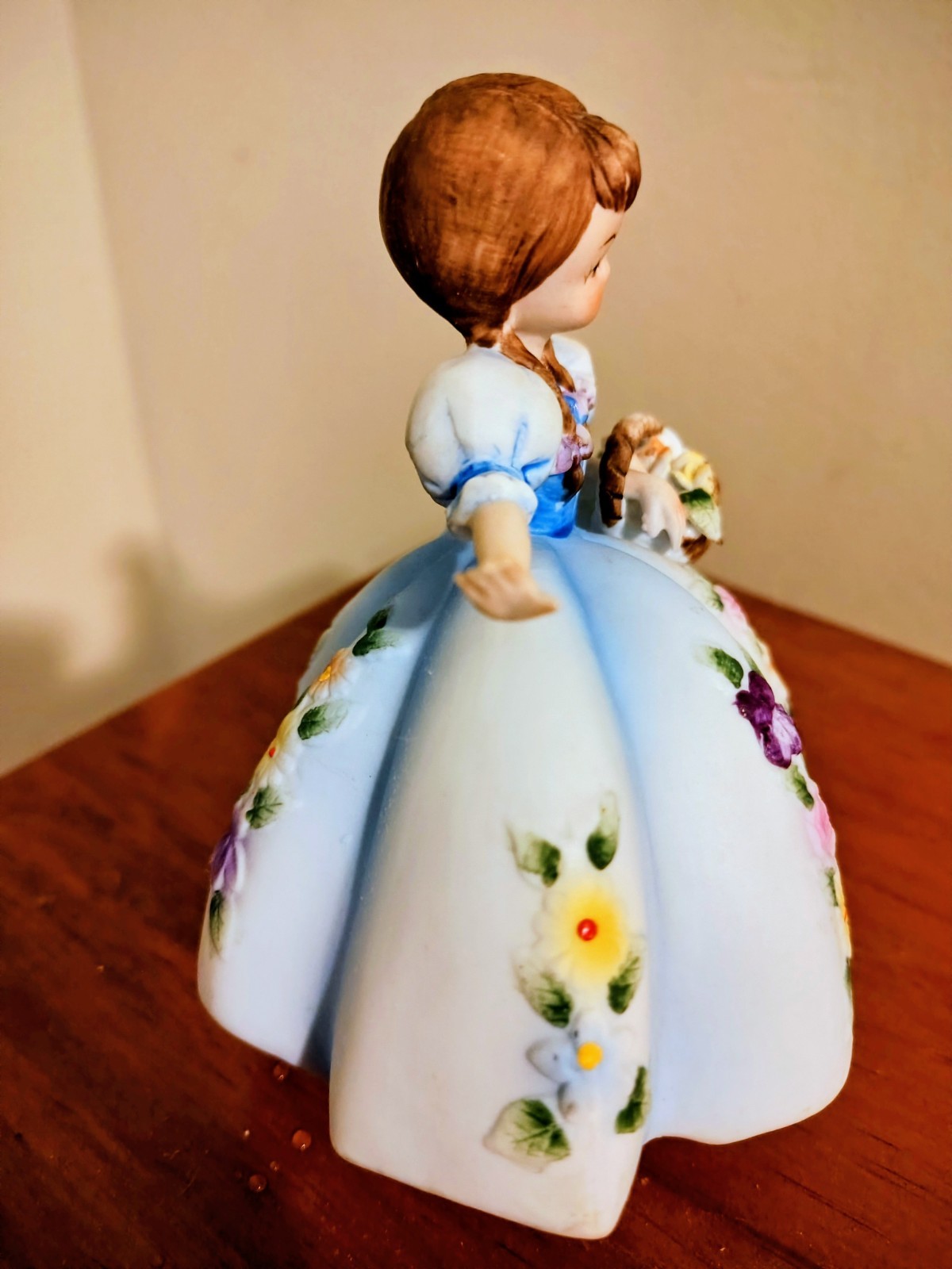 Lefton Child with Basket Figurine, White, Blue and Floral