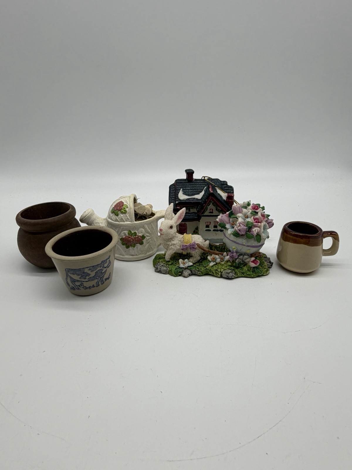 Miniature Ceramic Pottery Figurine Lot Rabbit Cart House Planters Mug Teapot Dec
