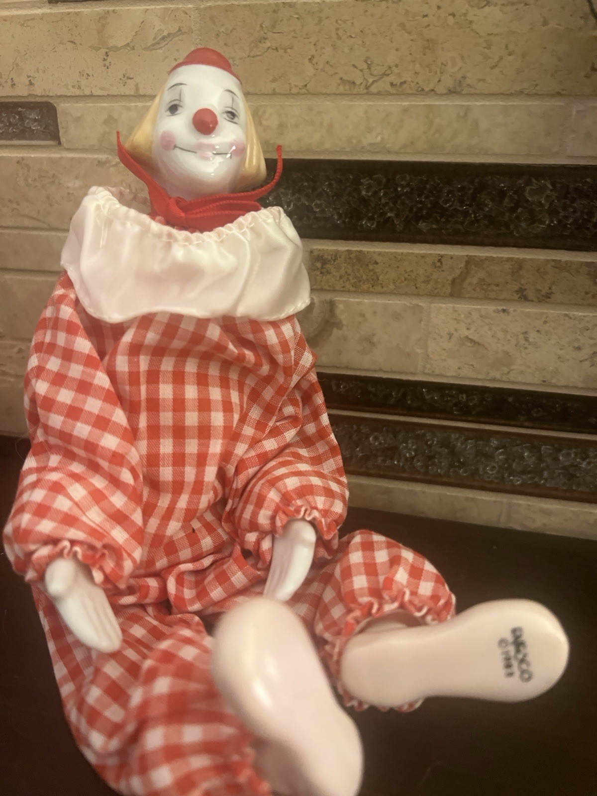 Enesco 1983 Porcelain Clown Doll Red White Checkered Outfit Blonde Hair