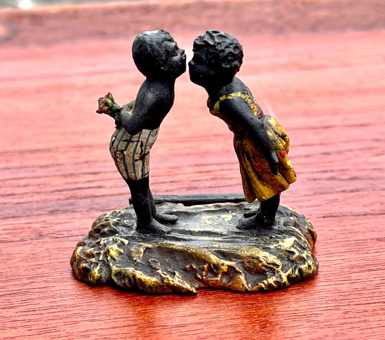 Antique Miniature Sculpture Boy Girl Kissing, Hand painted, Mixed Metals 1890s