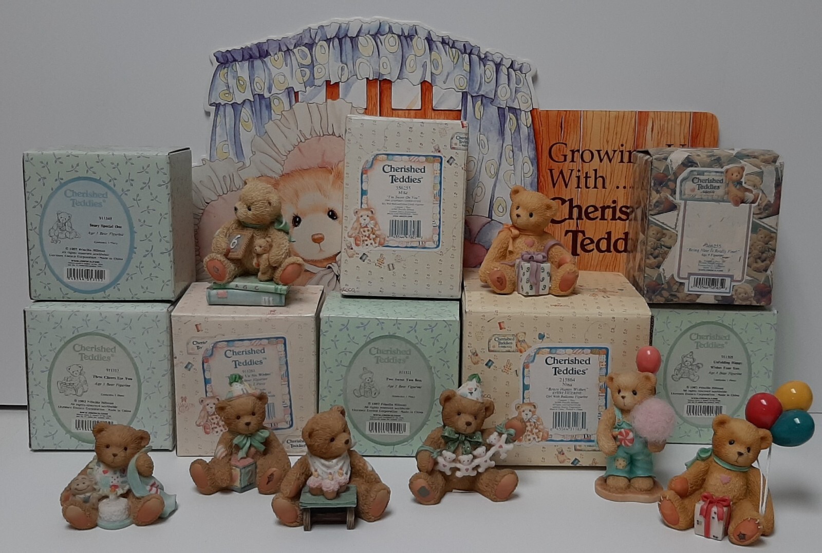 Cherished Teddies Lot of 8 Figurines, Ages 1 – 4, 6, 9, + Mike, Nina & Easel