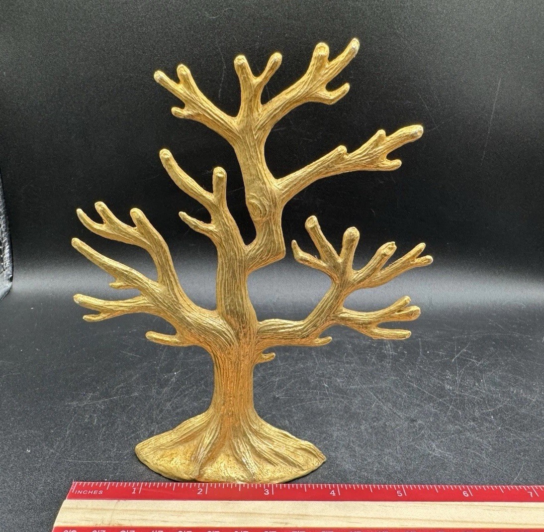 Vtg Cast Metal Decorative Gold Tone Tree Jewelry Stand Earring Holder 6.5″ Tall