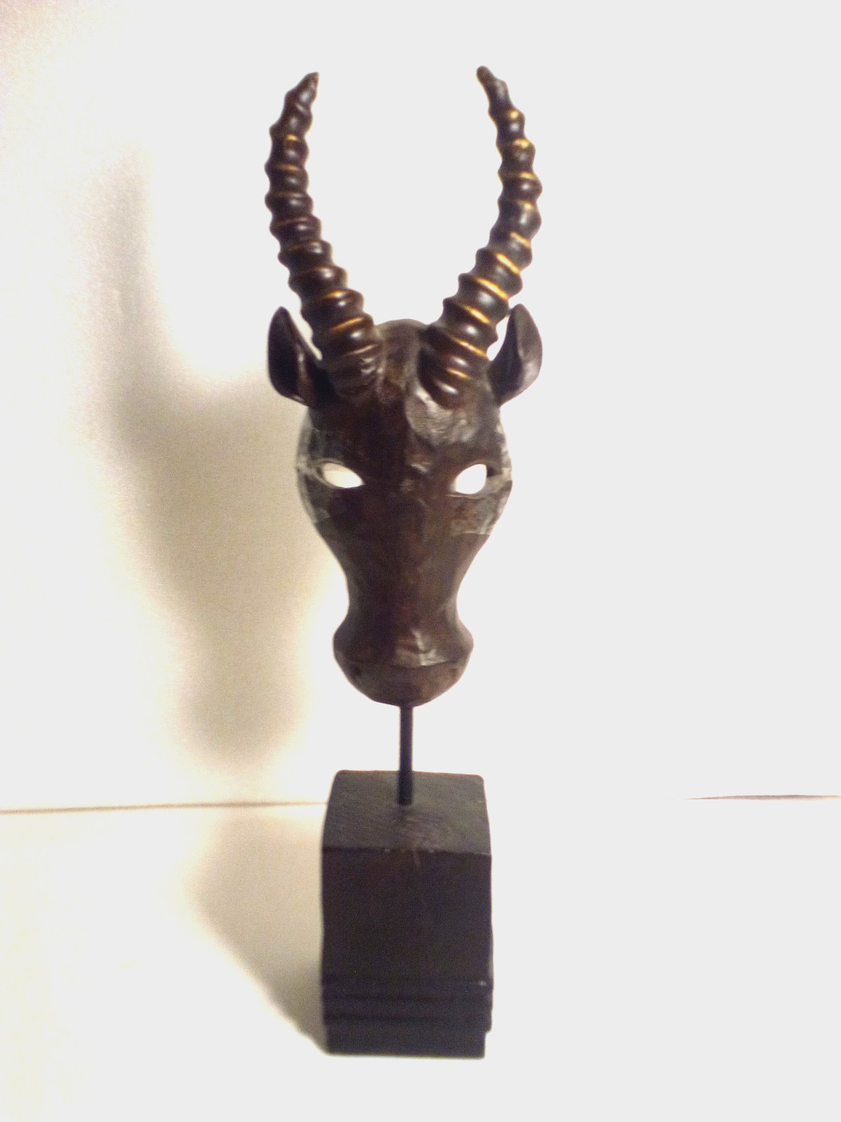 Metal Sculpture Antelope Gazelle Tribal Head Tea Light Holder Wood Base 14”