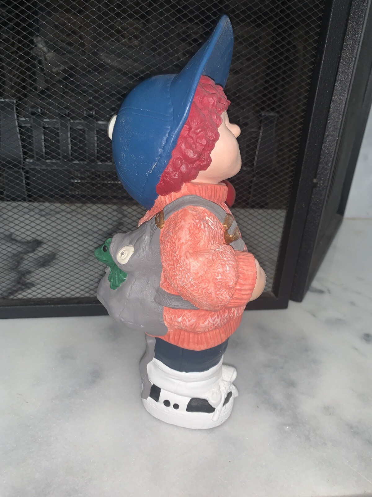 Ceramic Figurine Statue Boy Apple & Frog Backpack 11” Back To School September
