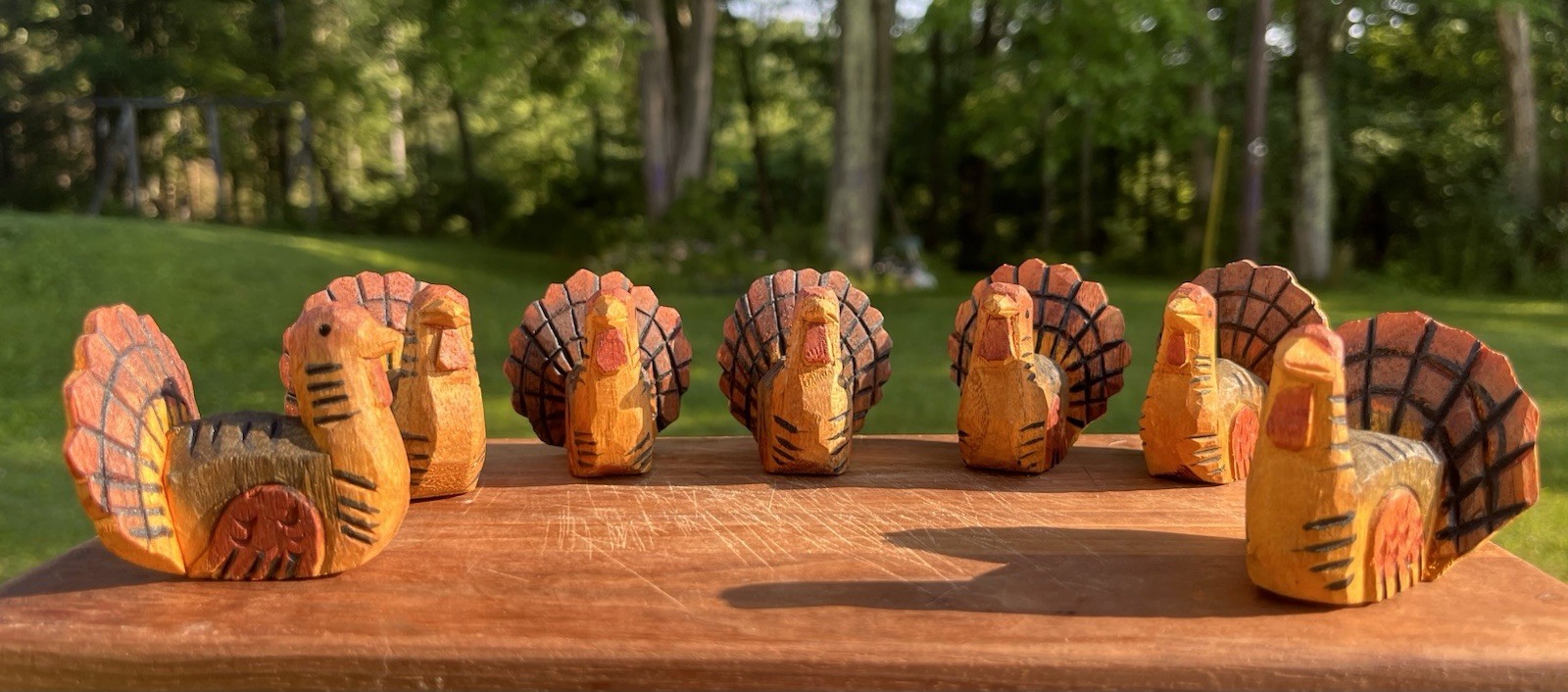 Vintage Hand Carved Painted Wooden Miniature Turkeys Set Of 7 Super Cute