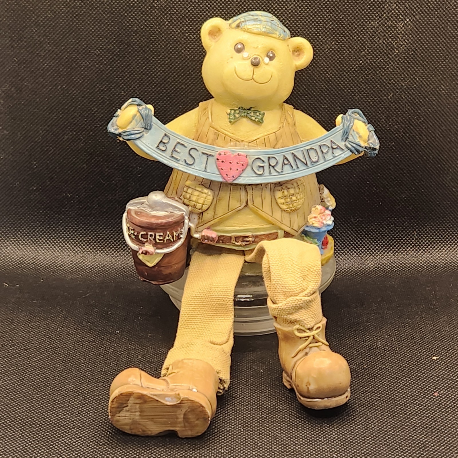 VTG “Best Grandpa” Resin Bear Jar Topper, Dangling Fabric Legs, Ice Cream Theme