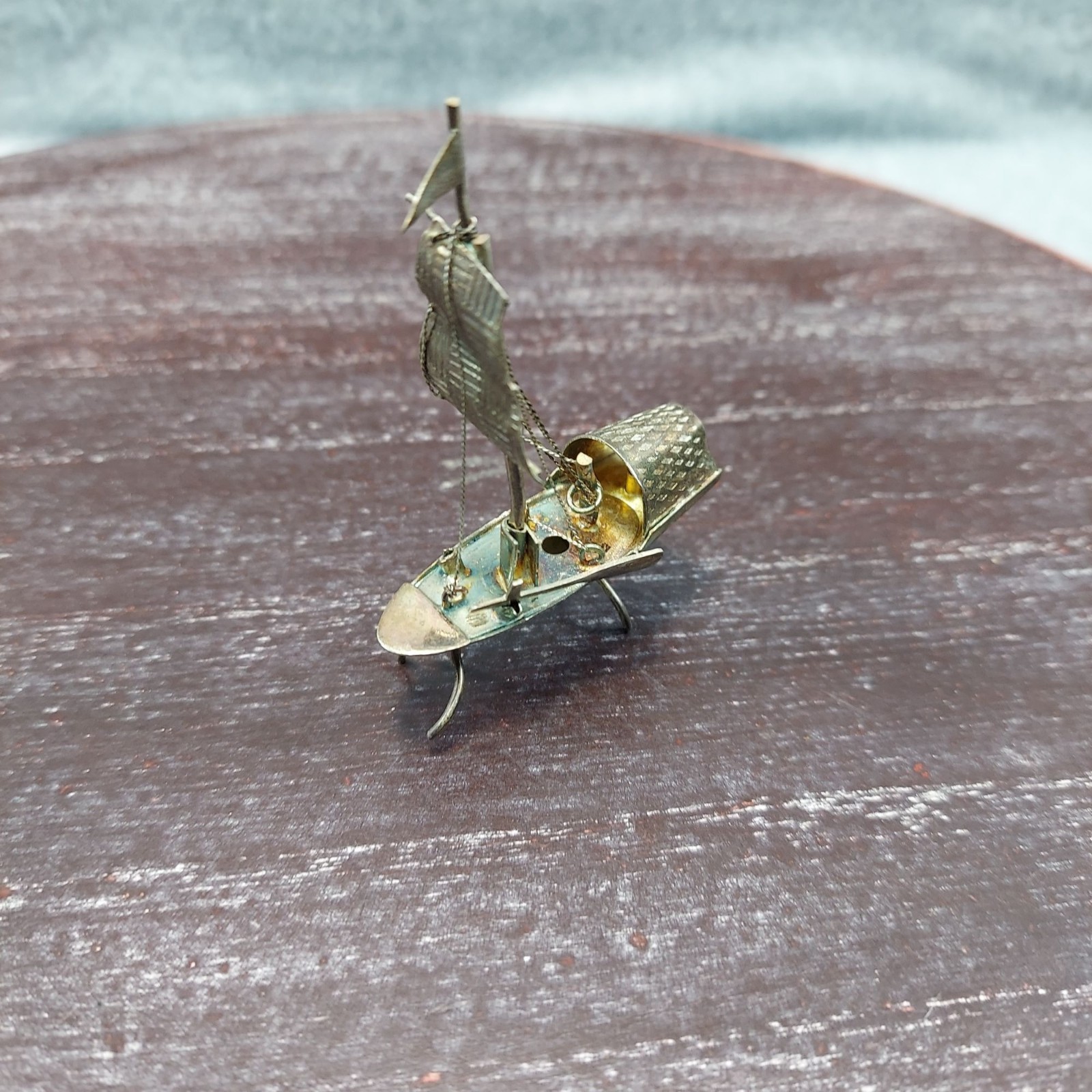 Chinese Silver Color Junk Boat Solid Metal Miniature Sailboat Sculpture Vintage
