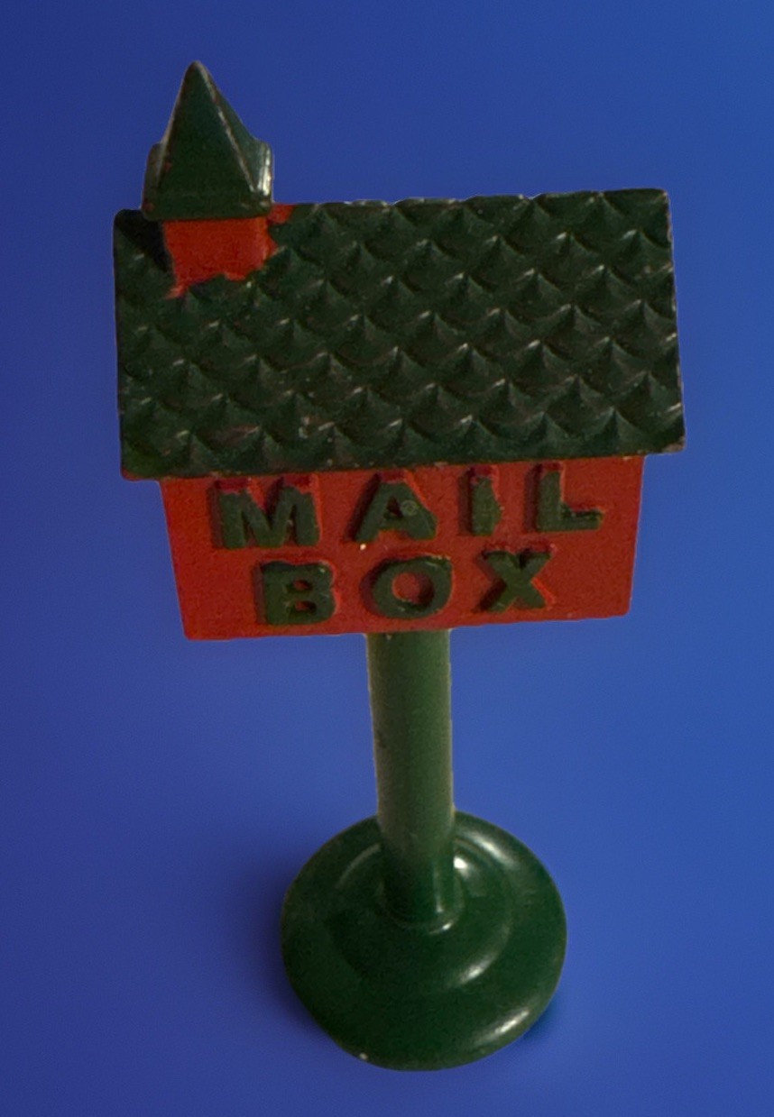 Miniature Red Mailbox with a Green Roof, Designed for Holiday Display Villages