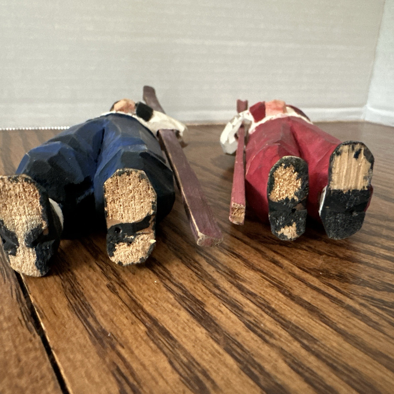 Vintage Hand Carved Wooden Folk Art Man & Woman With Ski Poles Figures Pair