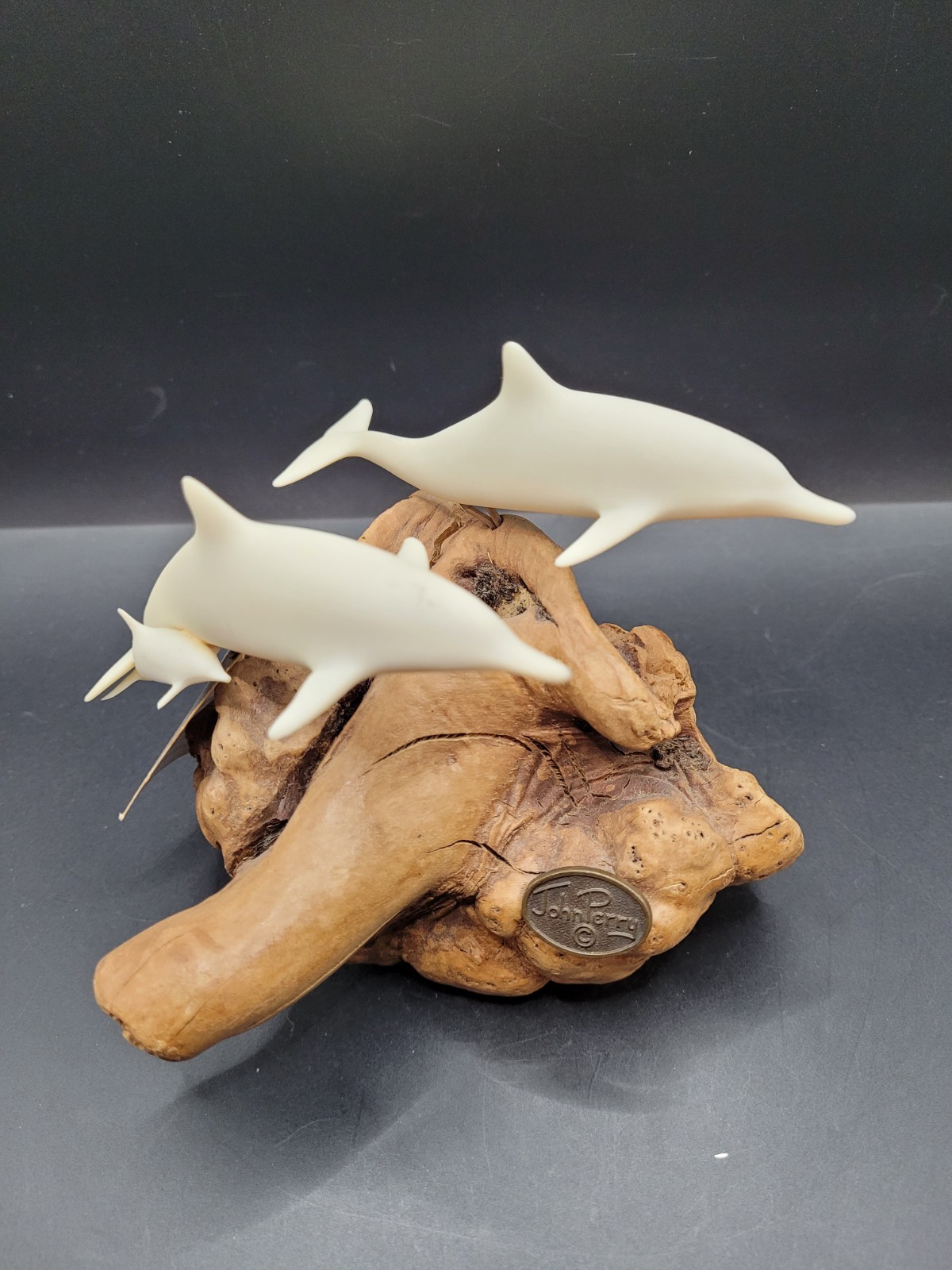 John Perry Dolphin Family Sculpture Burl Wood Base Vintage Marine Art With Tag