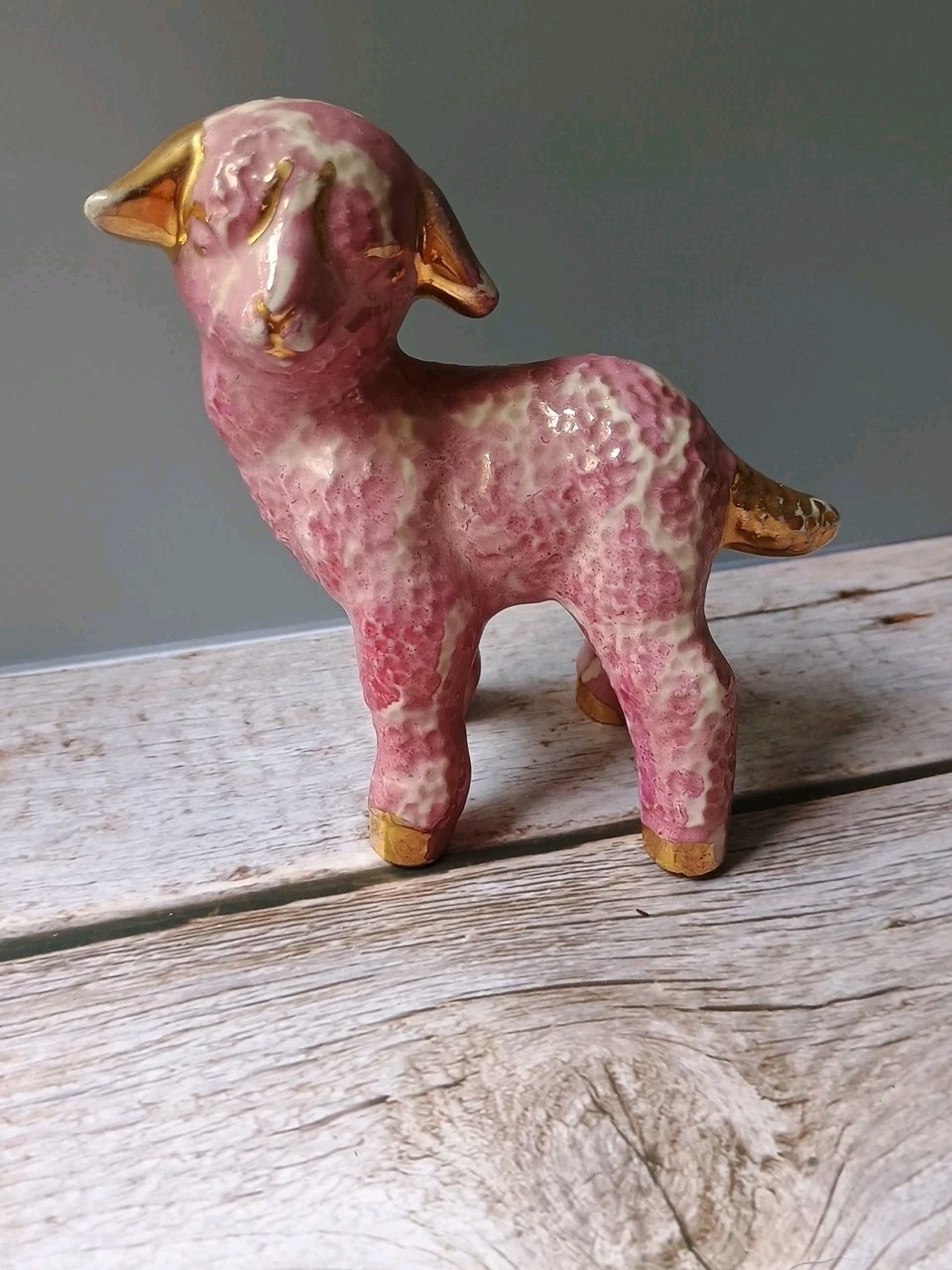 Vintage Pink Purple Gold Lamb Figurine Sheep Easter Spring Ceramic Pottery