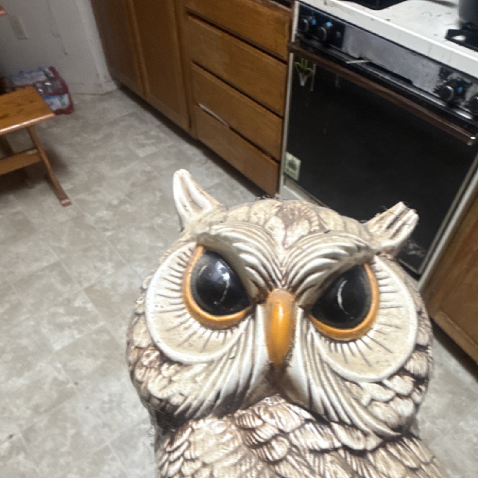 Jolene Oman Signed Hand Painted Ceramic Owl Figurine, 1970s, Brown/Beige