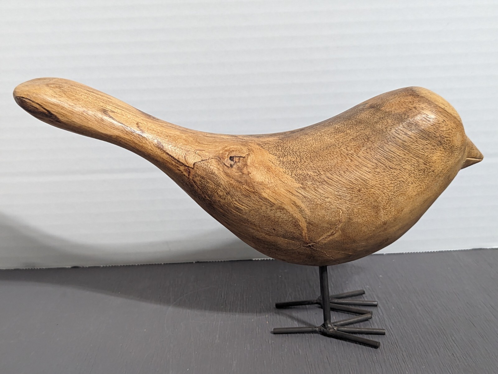 Vintage Rustic, Smooth, Wooden, Bird Sculpture With Metal Legs And Feet.
