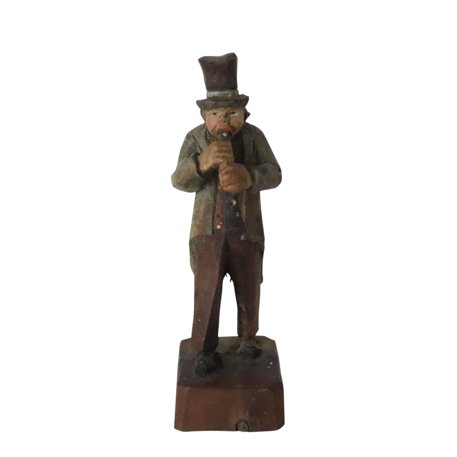 Vintage ANRI Italy Wood Man Playing Clarinet Hand Carved Rustic 4.5″