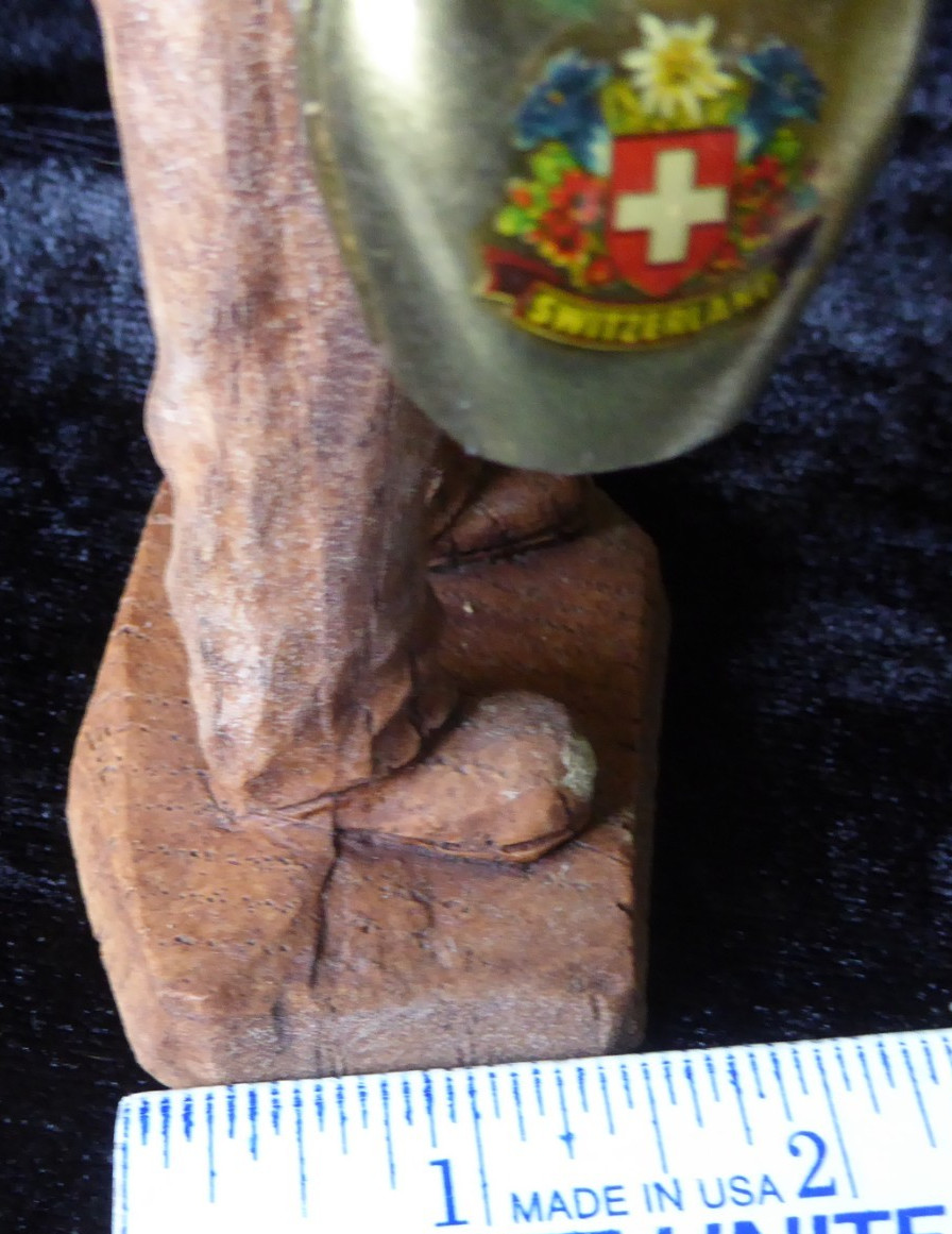 Vintage Hand Carved Wooden Swiss Man Holding Cow Bells Figure 7″ Tall