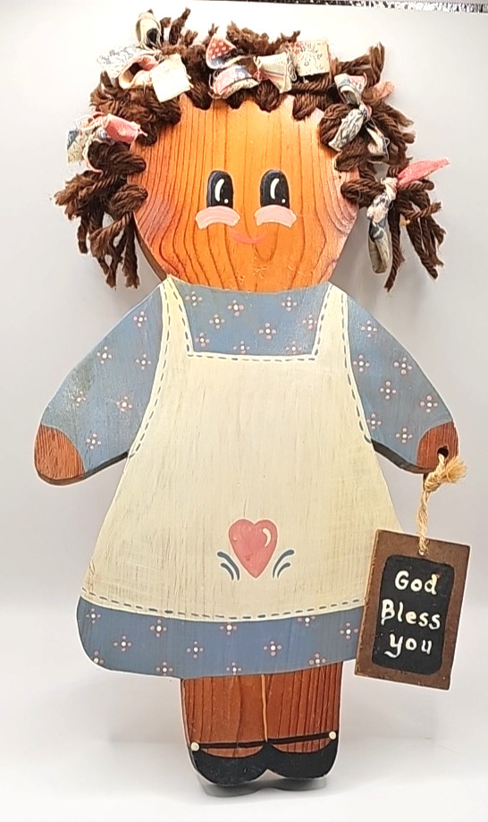 WOODEN FOLK ART RAG DOLL 1990 WALL HANG DECOR 1990 HAND PAINTED 15″×8″