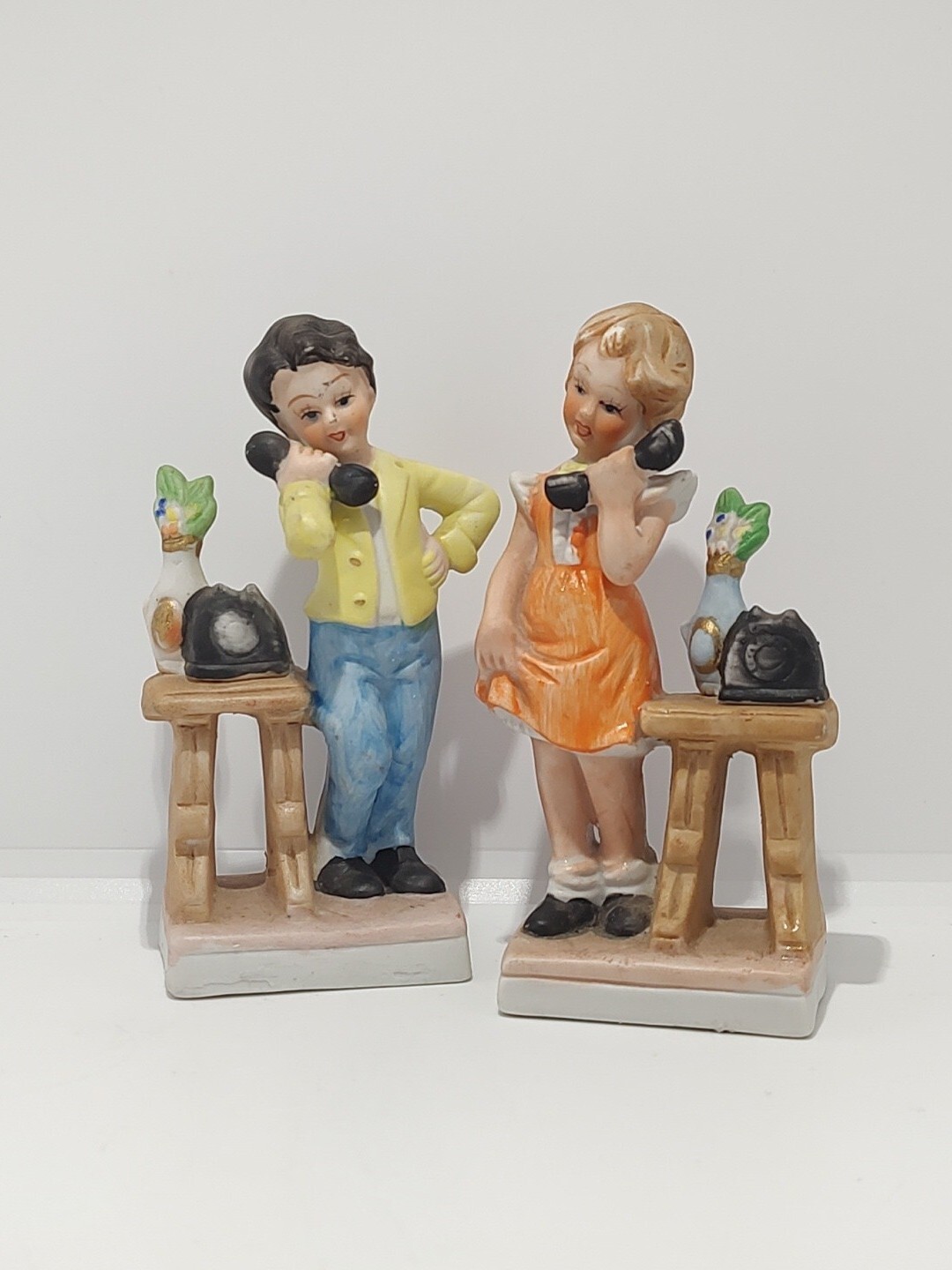 2-Vintage Ceramic Teens On Phone Figurines Taiwan