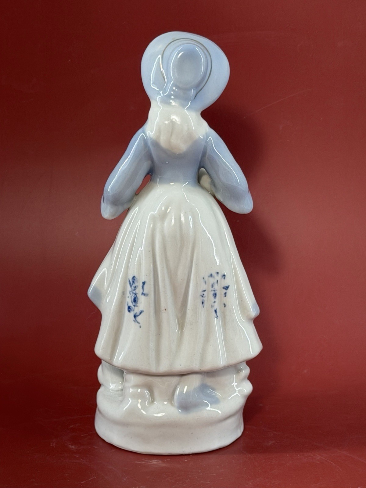 Vintage Fine Porcelain Lady With Dog Figurine Blue White And Gold 8”