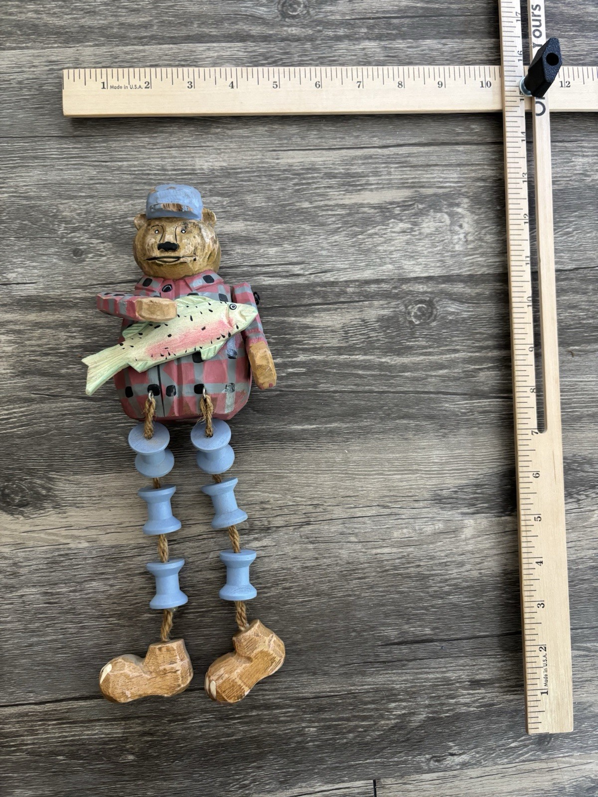 VTG Carved Wood Rustic Lodge Bear Moose Shelf Sitter Dangle Legs Anthropomorphic