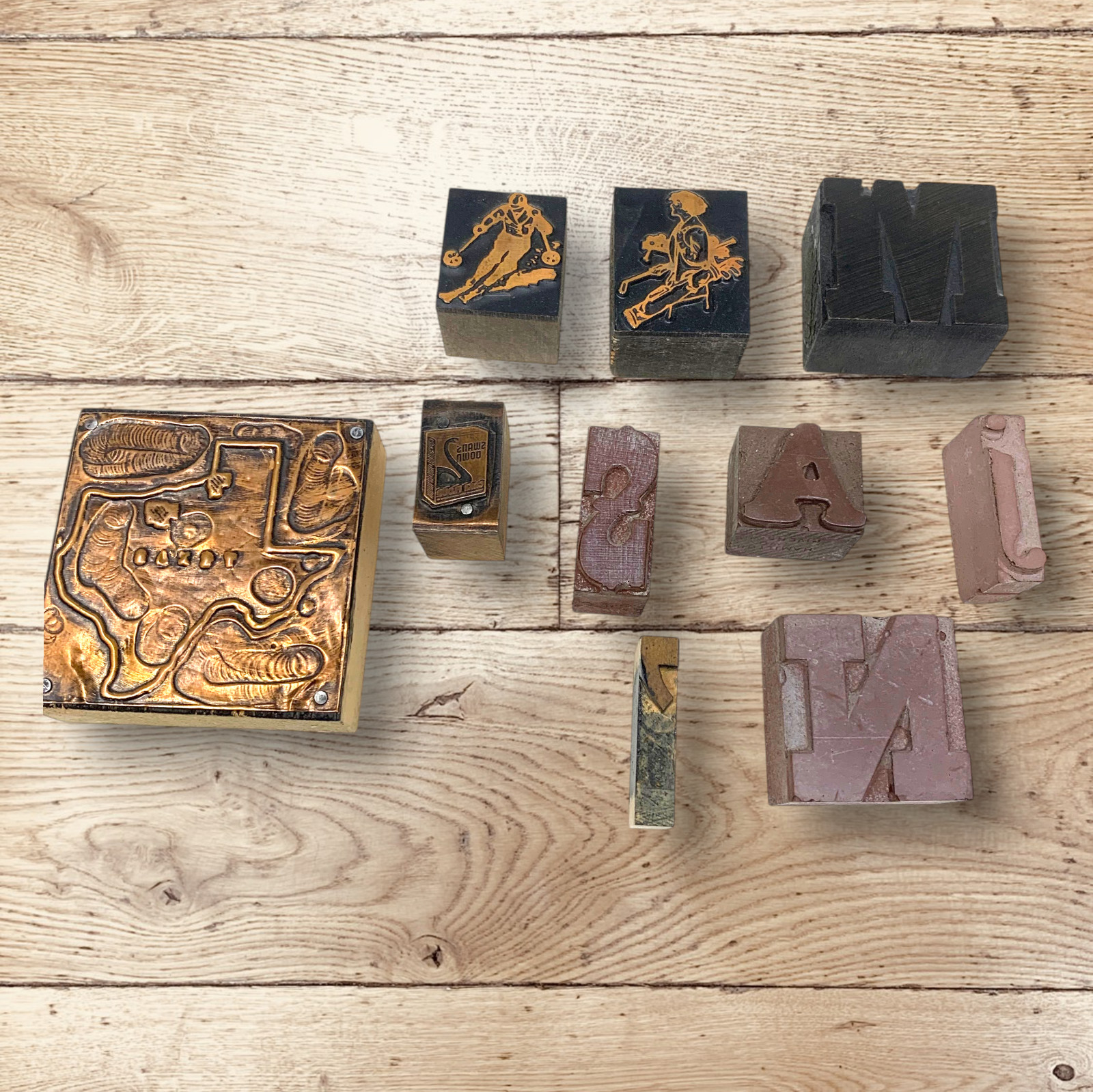 Vintage Letterpress Printing Blocks Wood Type Texas Skiers Alphabet Lot