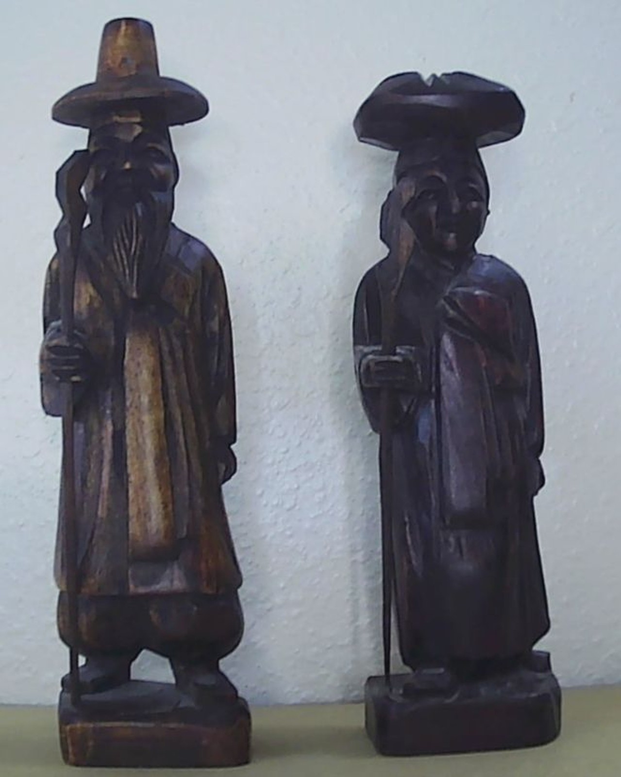 Carved Korean Man Woman Wooden FIGURINE Asian Folk Art Statue Traditional Craft