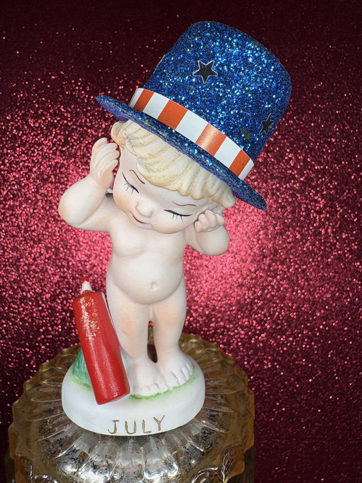Vtg Lefton July Angel Girl In Blue Glitter Top Hat Firecracker Figurine Japan