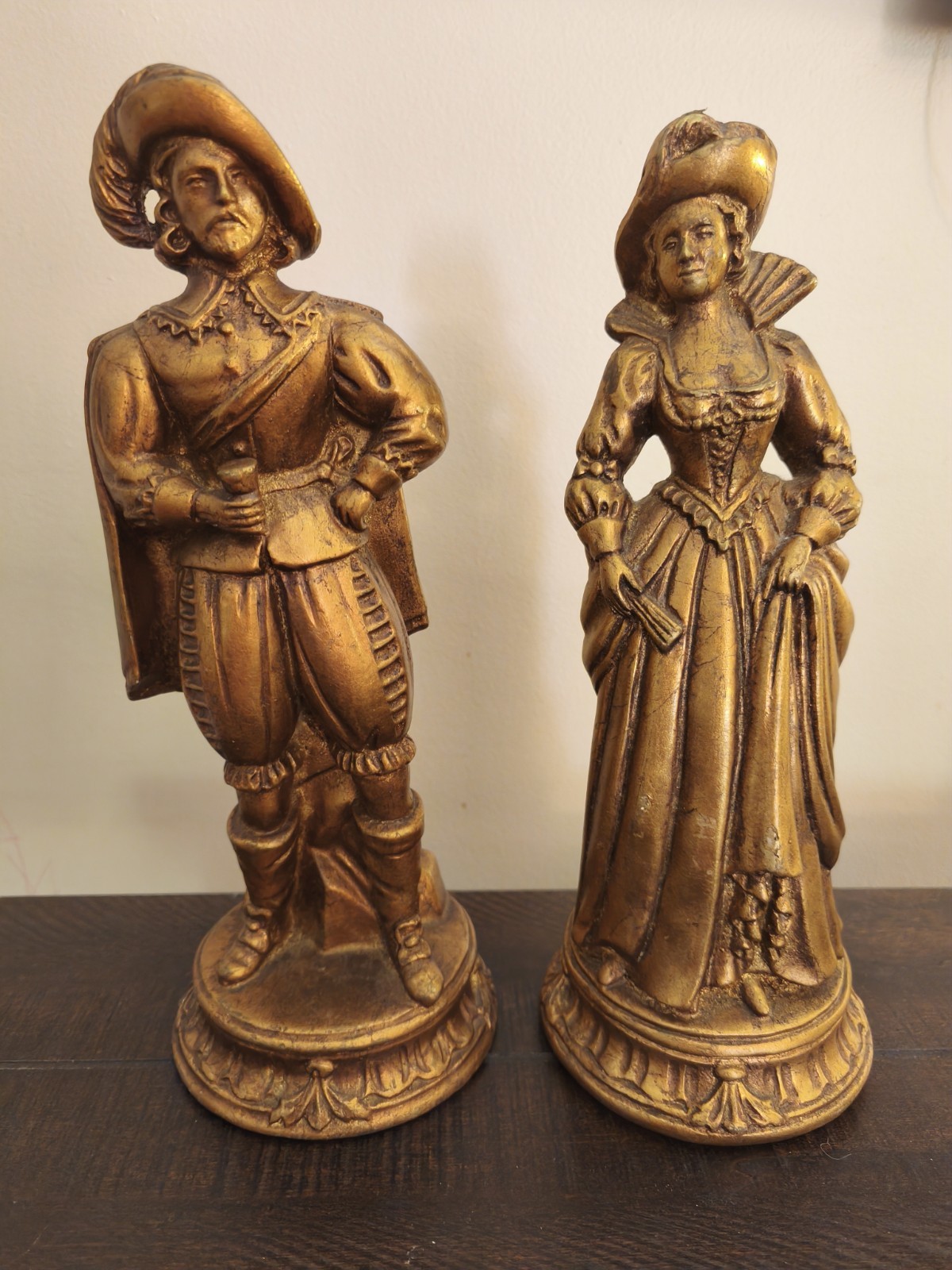 Vintage Colonial Couple Figurines Set Gold Chalkware Statue Man Woman 12” Decor