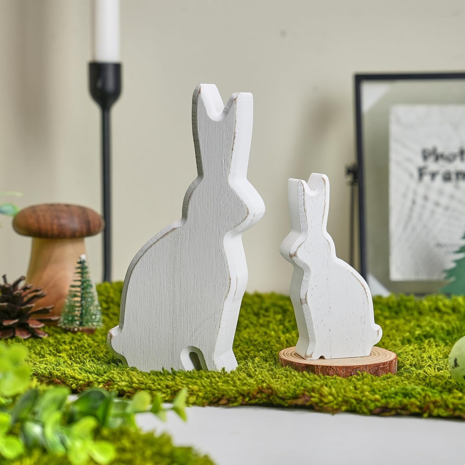 FESTGLOX Vintage Wooden Bunny Figurines Set of 2, Distressed White Easter Bunny