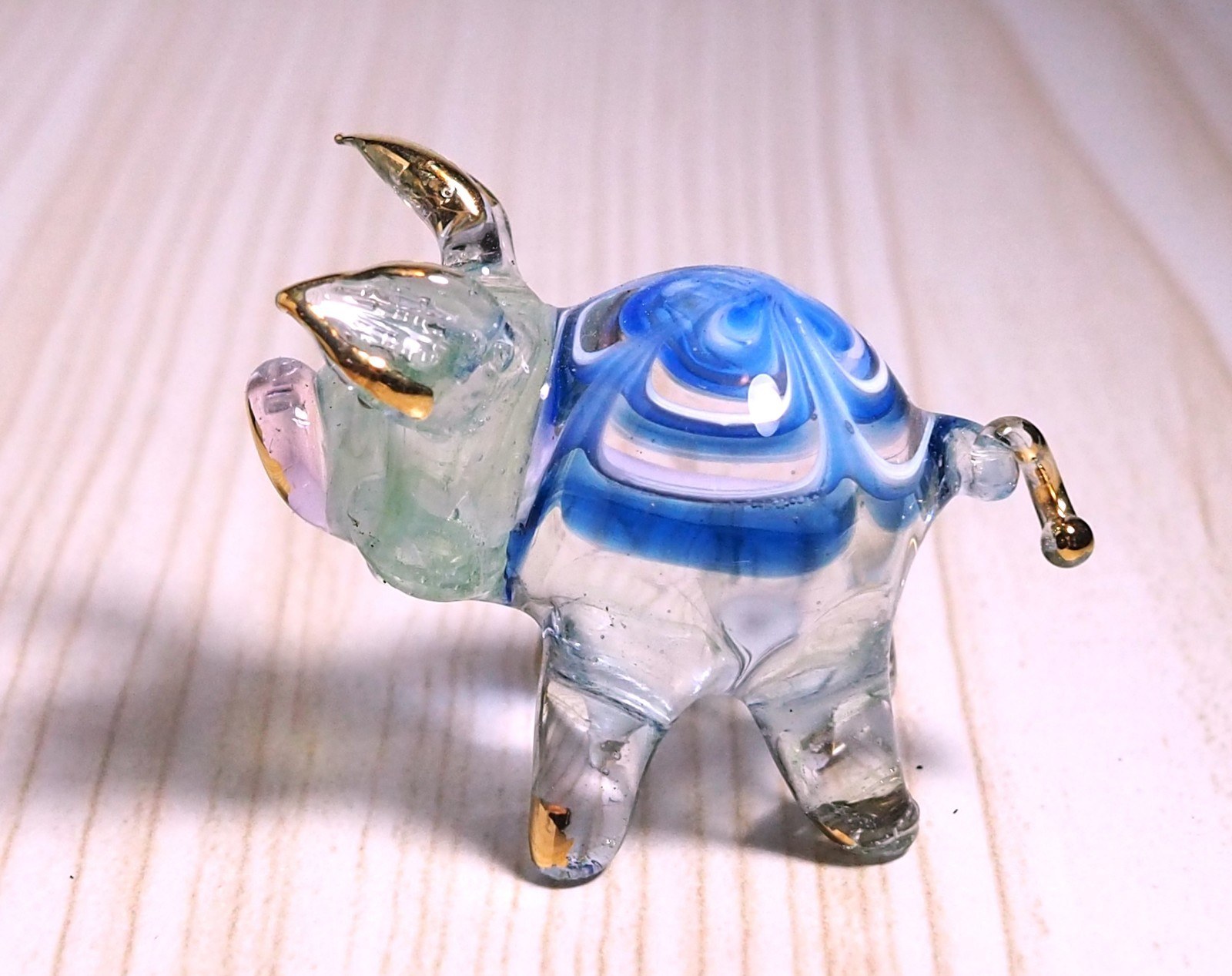 blue green cute PIG figurine hand blown Art Glass gold trim 1.75 in GIFT decor