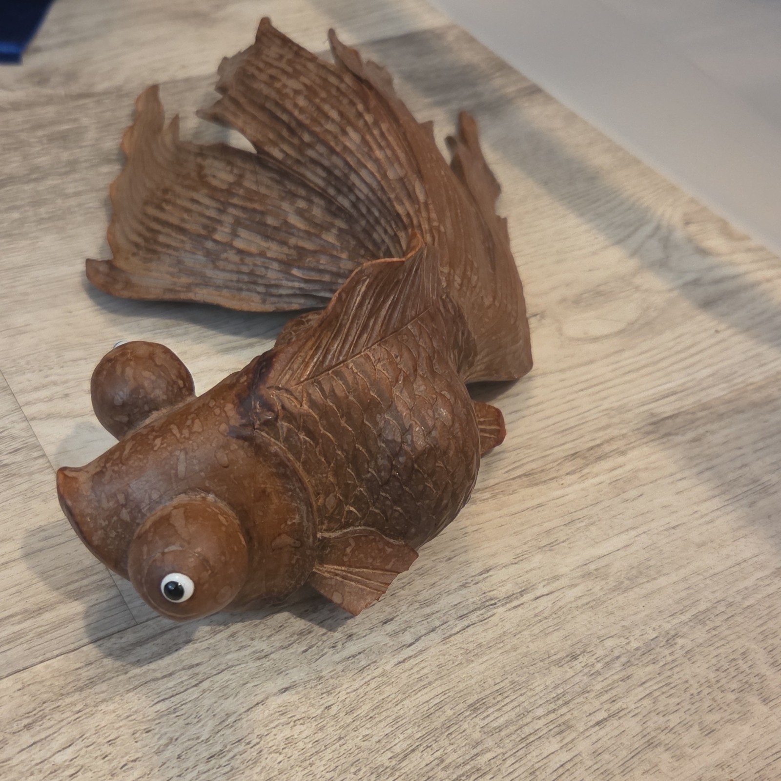 Brown Fish Wood Figurine Sculpture, Hand Carved, Large Eyes, 3D Effect