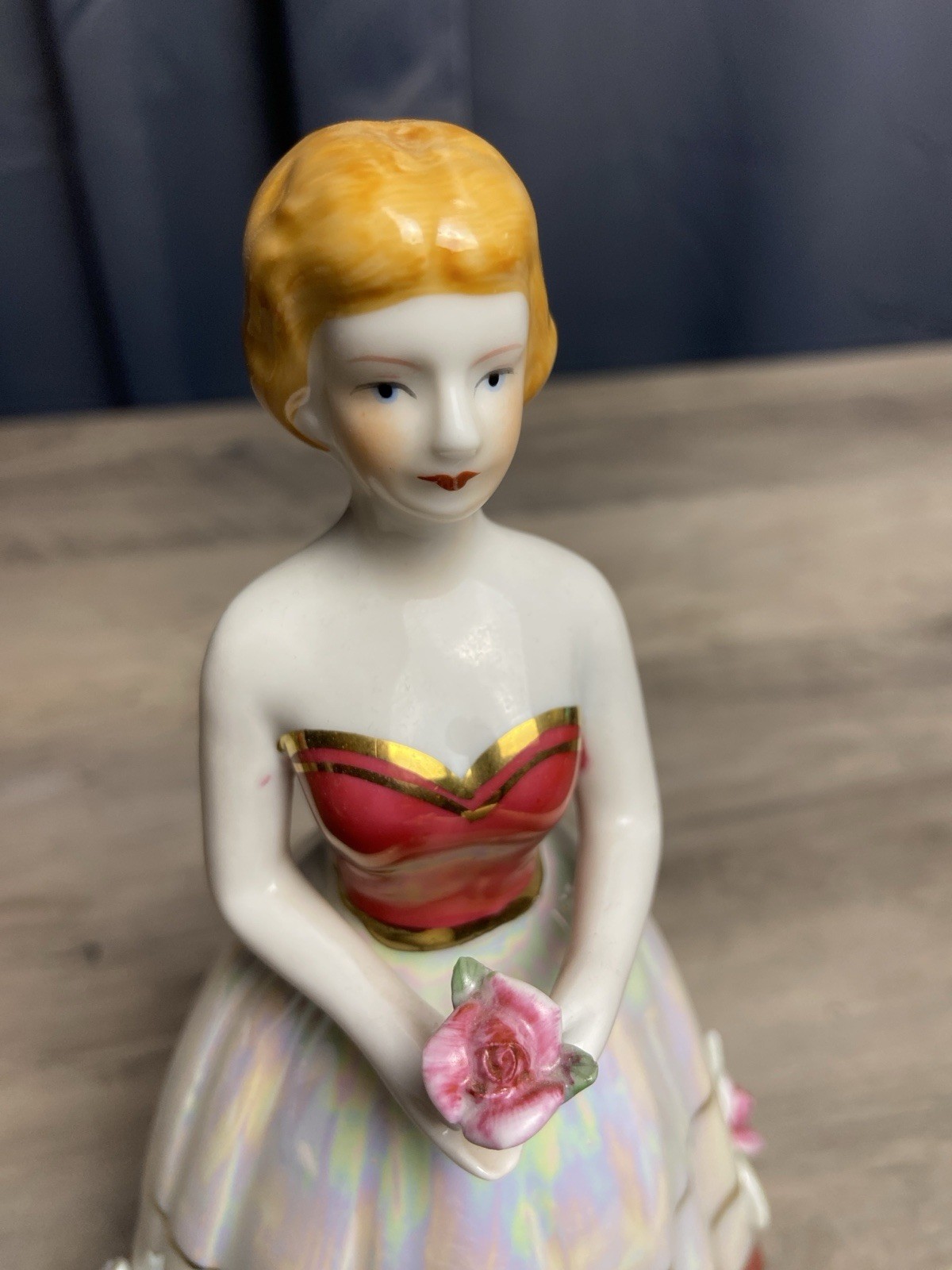 Vintage Porcelain Lady Figurine Opalescent Red, White Dress Roses