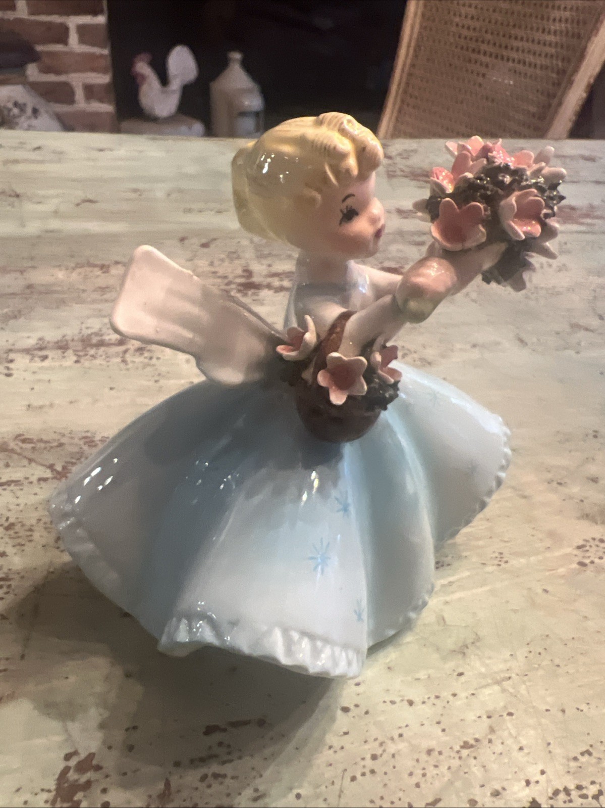 Vintage LEFTON’S JAPAN BLOND GIRL w/ FLOWER BASKET & BOUQUET, Blue Gown, #1450B