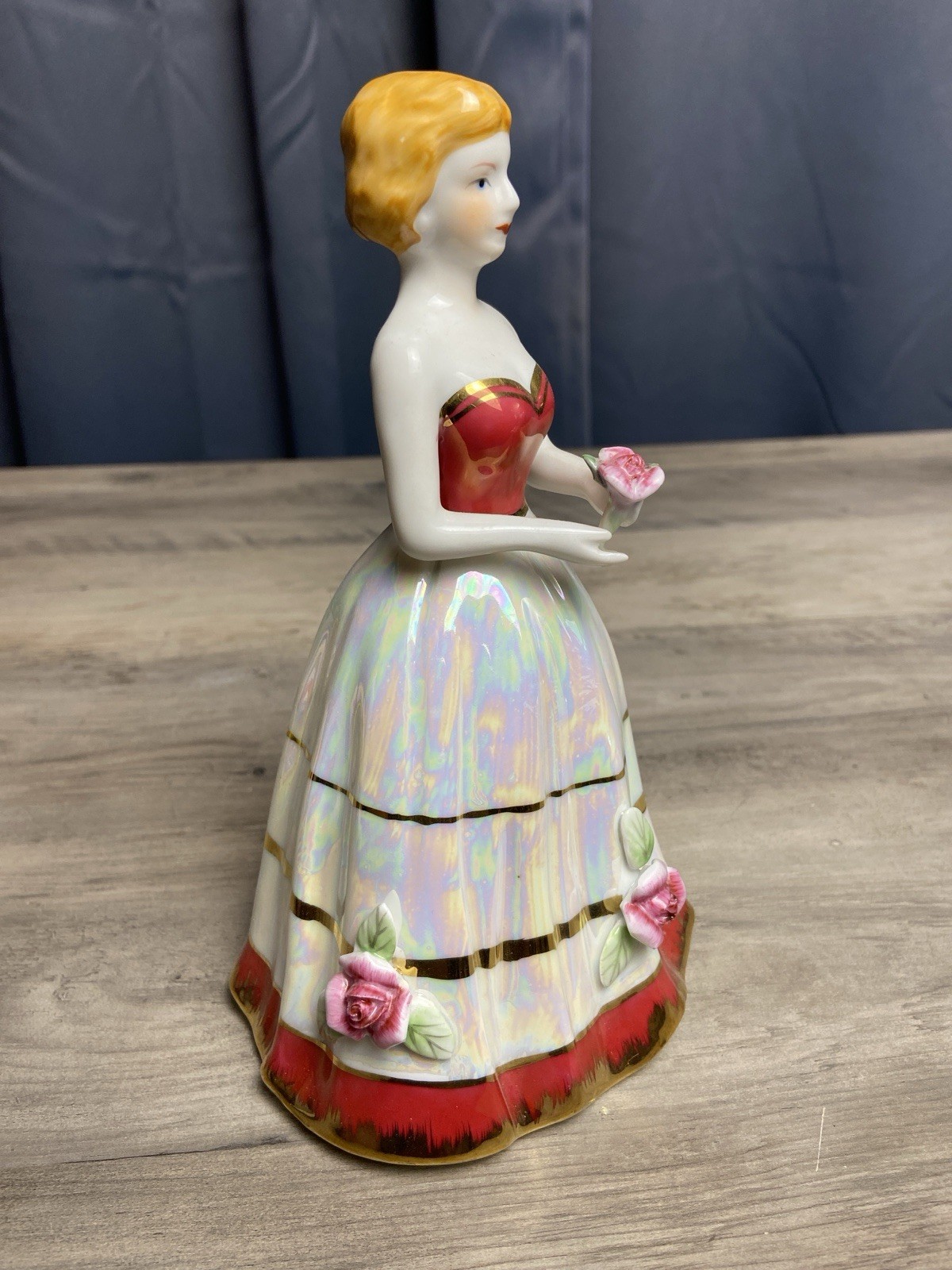 Vintage Porcelain Lady Figurine Opalescent Red, White Dress Roses
