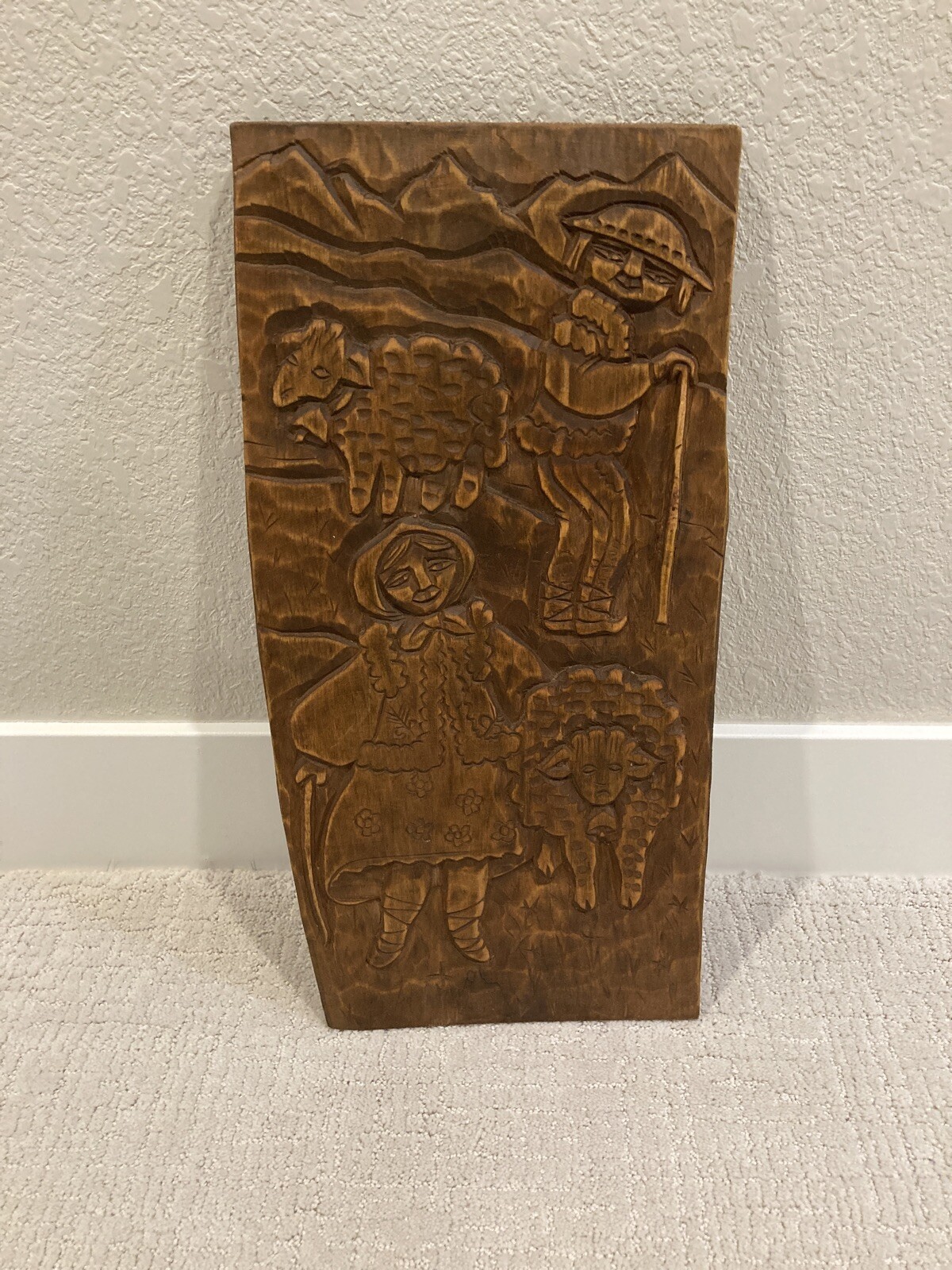 Hand Carved Signed Relief Plaque Wood Carving European Man Woman Sheep