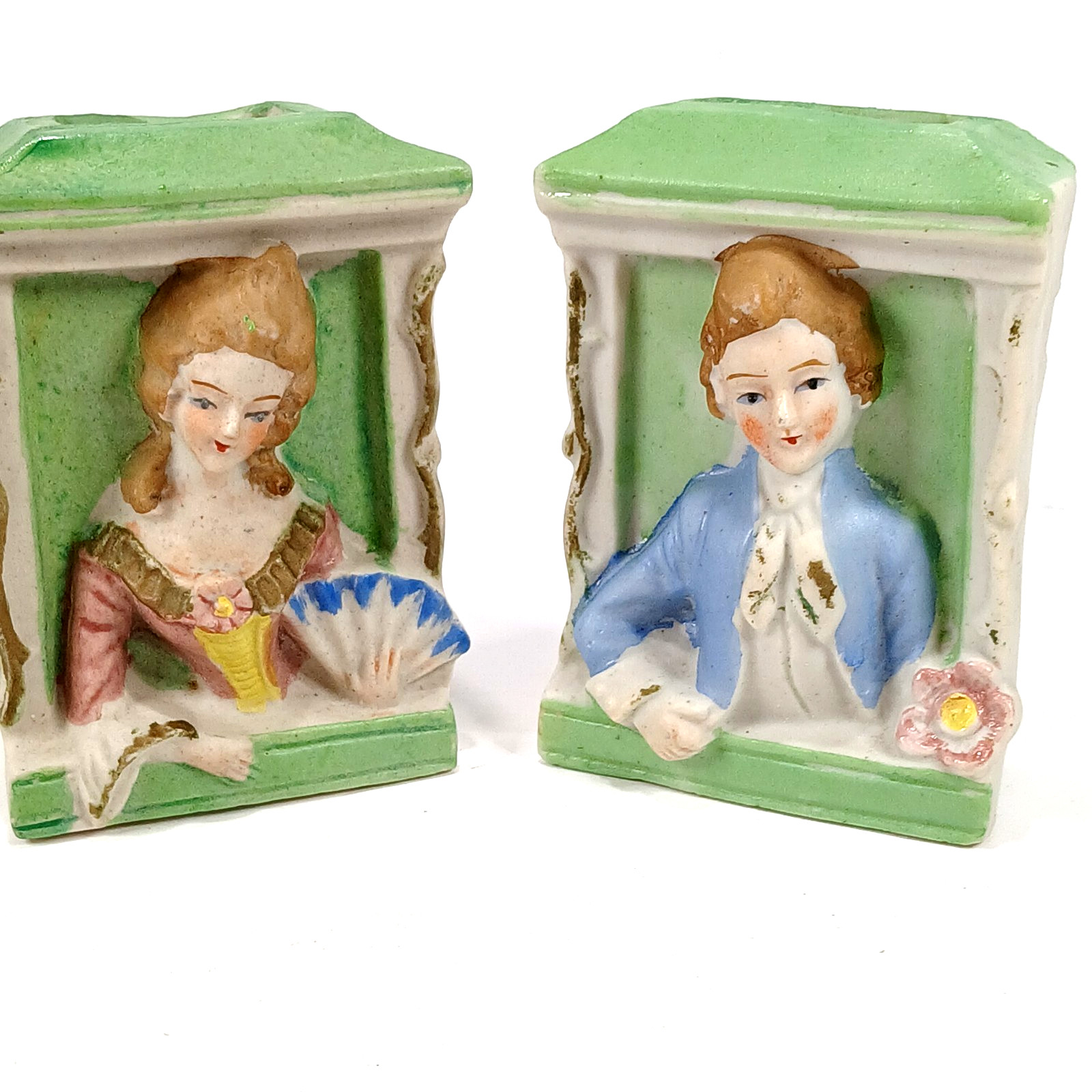 Occupied Japan Mini Wall Pockets Victorian Couple in Windows Ceramic 3.75″