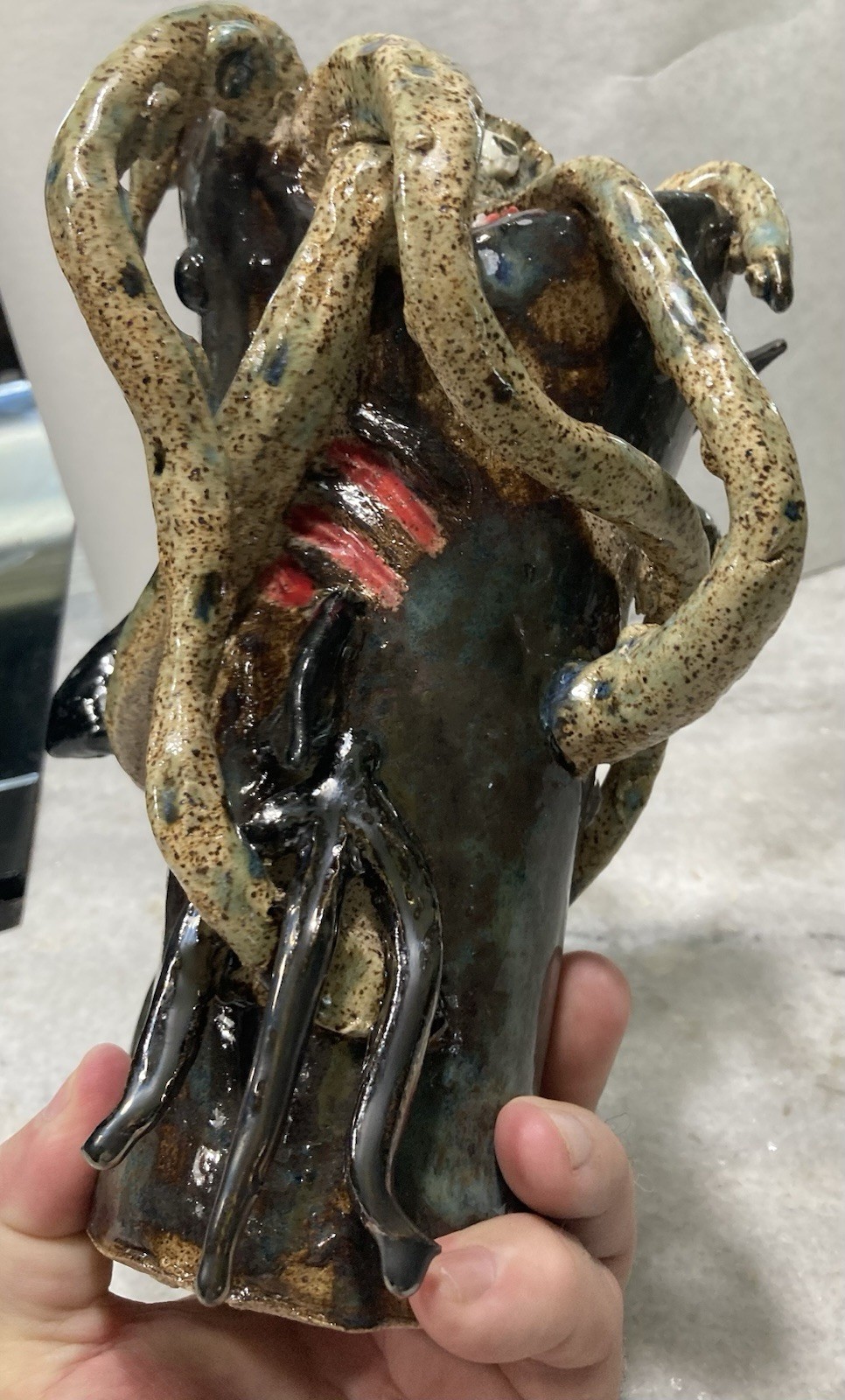 Surreal Southern Folk Art Face Jug Monster Shark Eating Octopus Pottery OOAK
