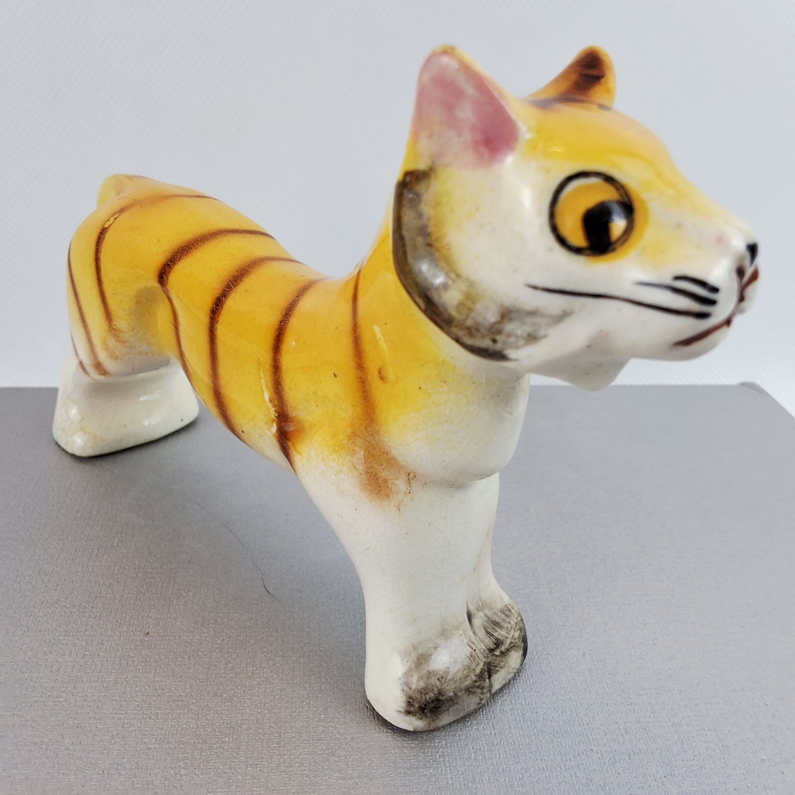 Vintage Primitive Tiger Porcelain Hand Painted Made in Japan 5.5 in long