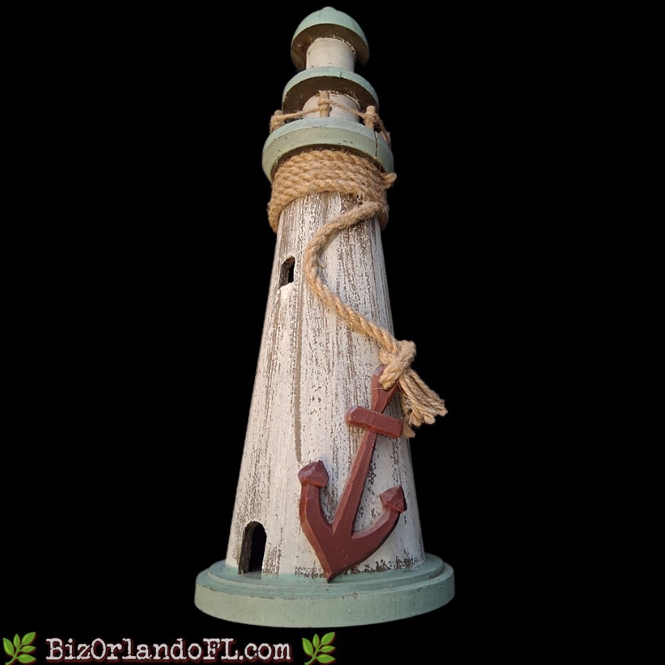 Grayson Lane Distressed White Blue Wood Coastal Lighthouse Sculpture Rope Anchor