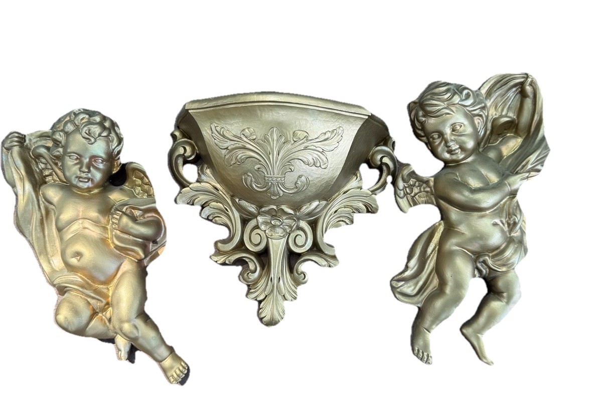 Vintage Homco #1120 Wall Hanging Decor Gold Cherub Angels Wall Pocket Ornate