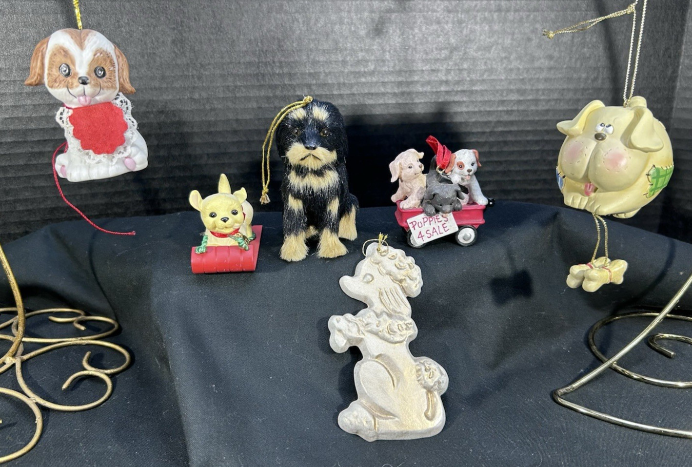 Vtg Lot of 6 Dog Figurines Ornaments Various Shapes Materials 1.5in to 4inTall