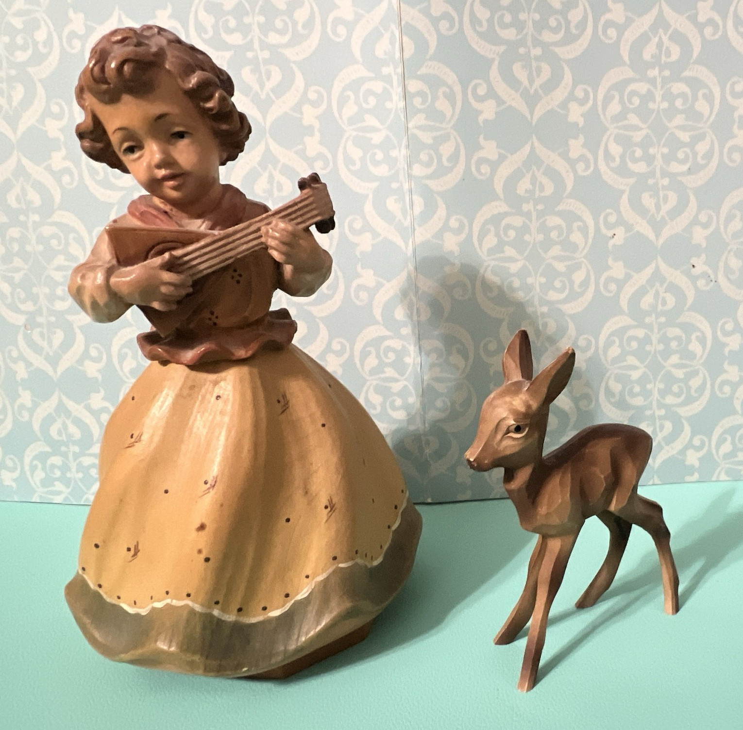 Reuge Wooden Music Box Figurine Set, Painted Carved Girl & Doe Deer, 2 Pack